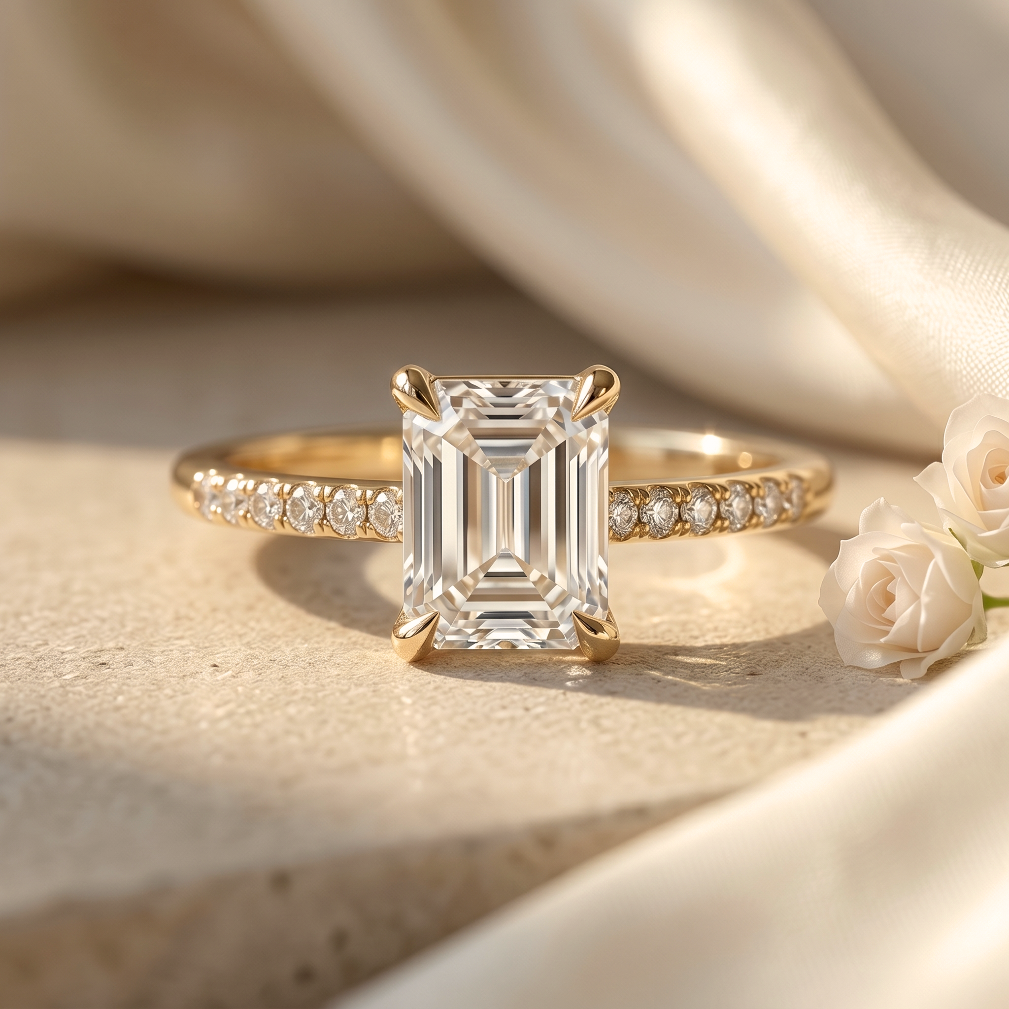 An elegant front-facing view of an emerald-cut moissanite engagement ring with a diamond-accented yellow gold band on a neutral stone surface.