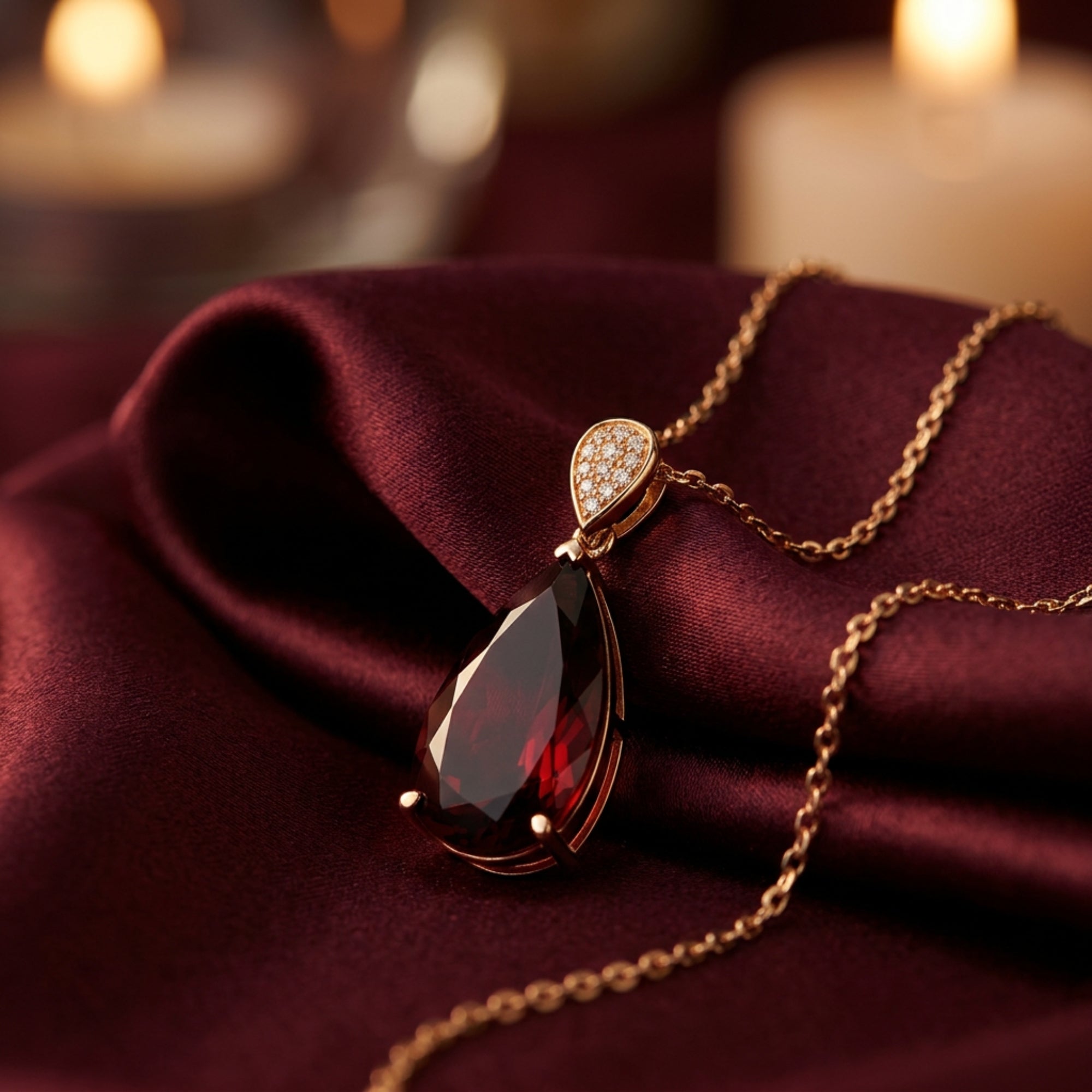 Pear-cut natural garnet pendant on an 18K rose gold chain, styled on burgundy silk with soft candle lighting.