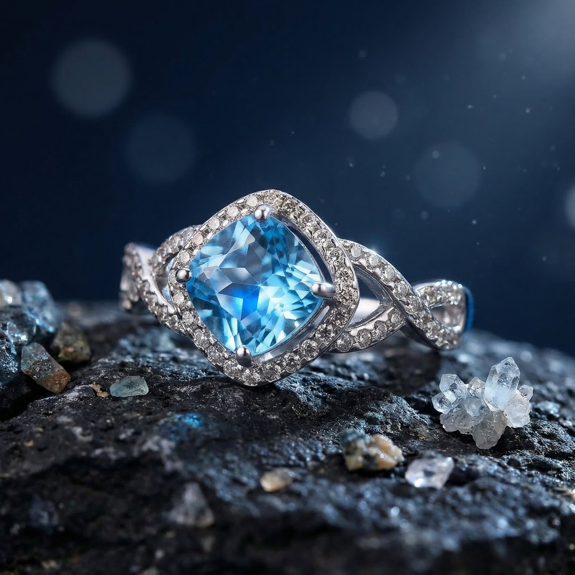 Cushion cut Swiss blue topaz sterling silver ring on a dark rocky surface with small crystals.