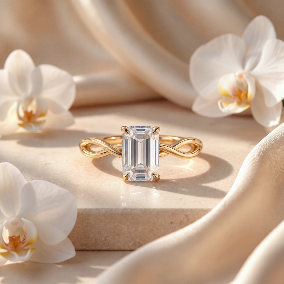 An emerald cut moissanite engagement ring with a yellow gold infinity twist band set on a beige stone surface.