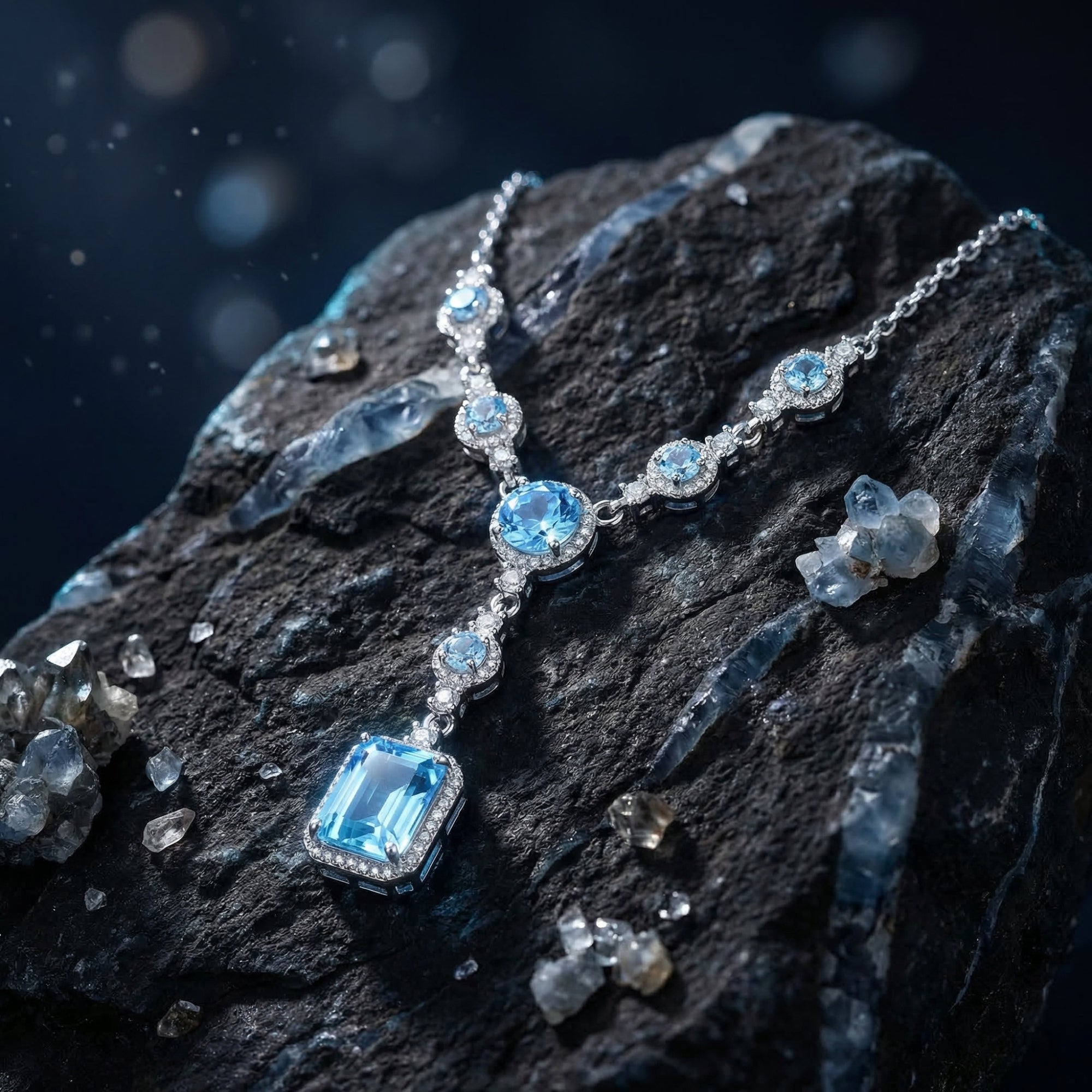 Emerald cut blue topaz pendant necklace in white gold draped over a dark rock with crystals in a lifestyle setting.