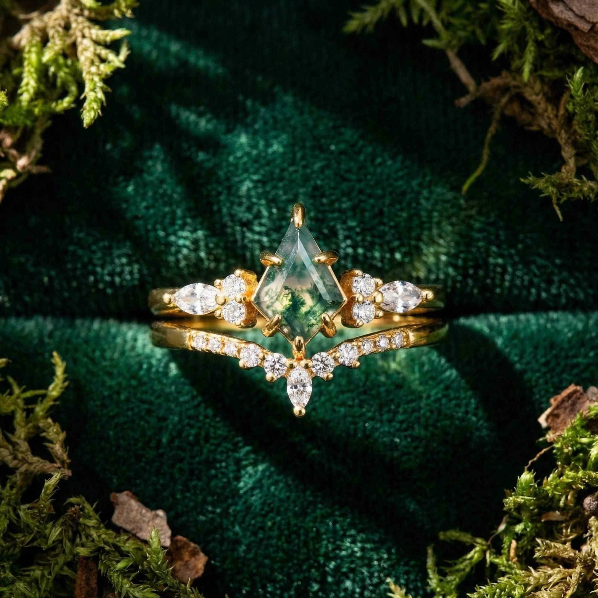 Natural Moss Agate Duo Band Ring Set - S925 Sterling Silver