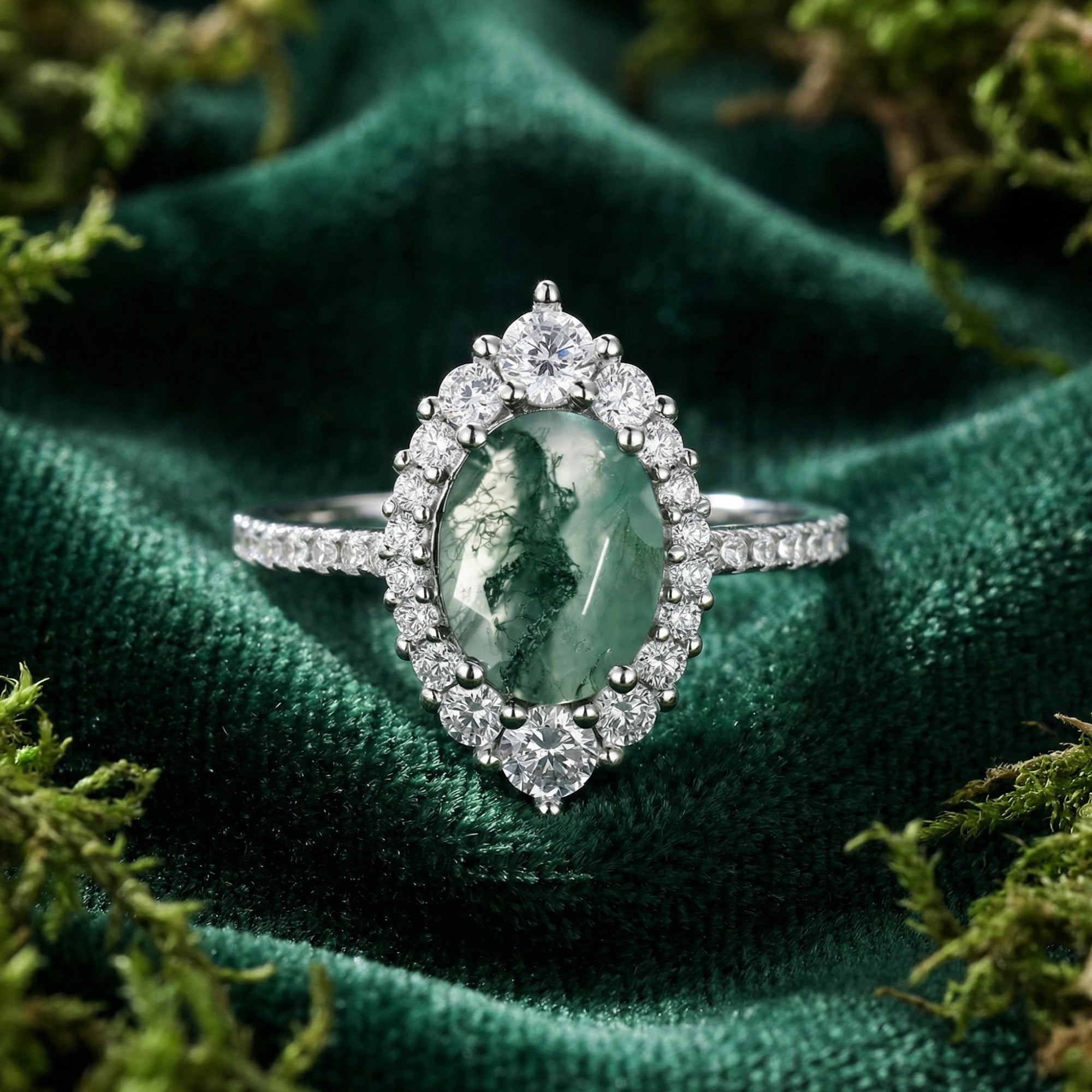 Oval Natural Moss Agate Halo Ring - S925 Sterling Silver