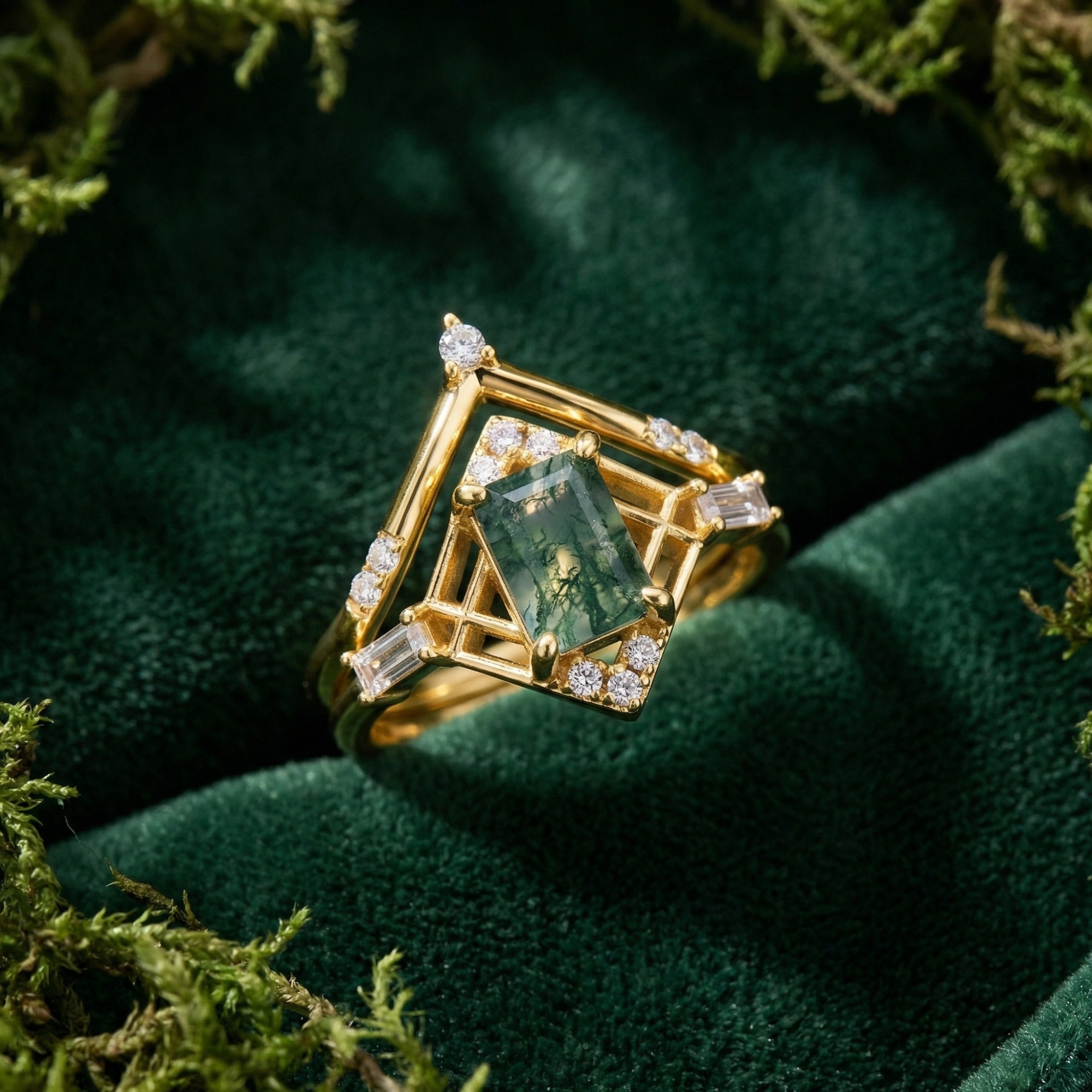 Kite Cut Natural Moss Agate Geometric Frame Ring Set - S925 Sterling Silver