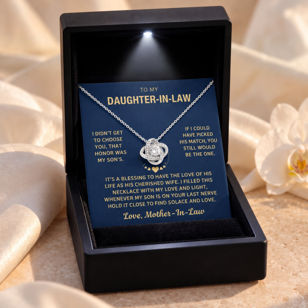 Silver love knot necklace with Daughter-in-Law message card in black LED box.