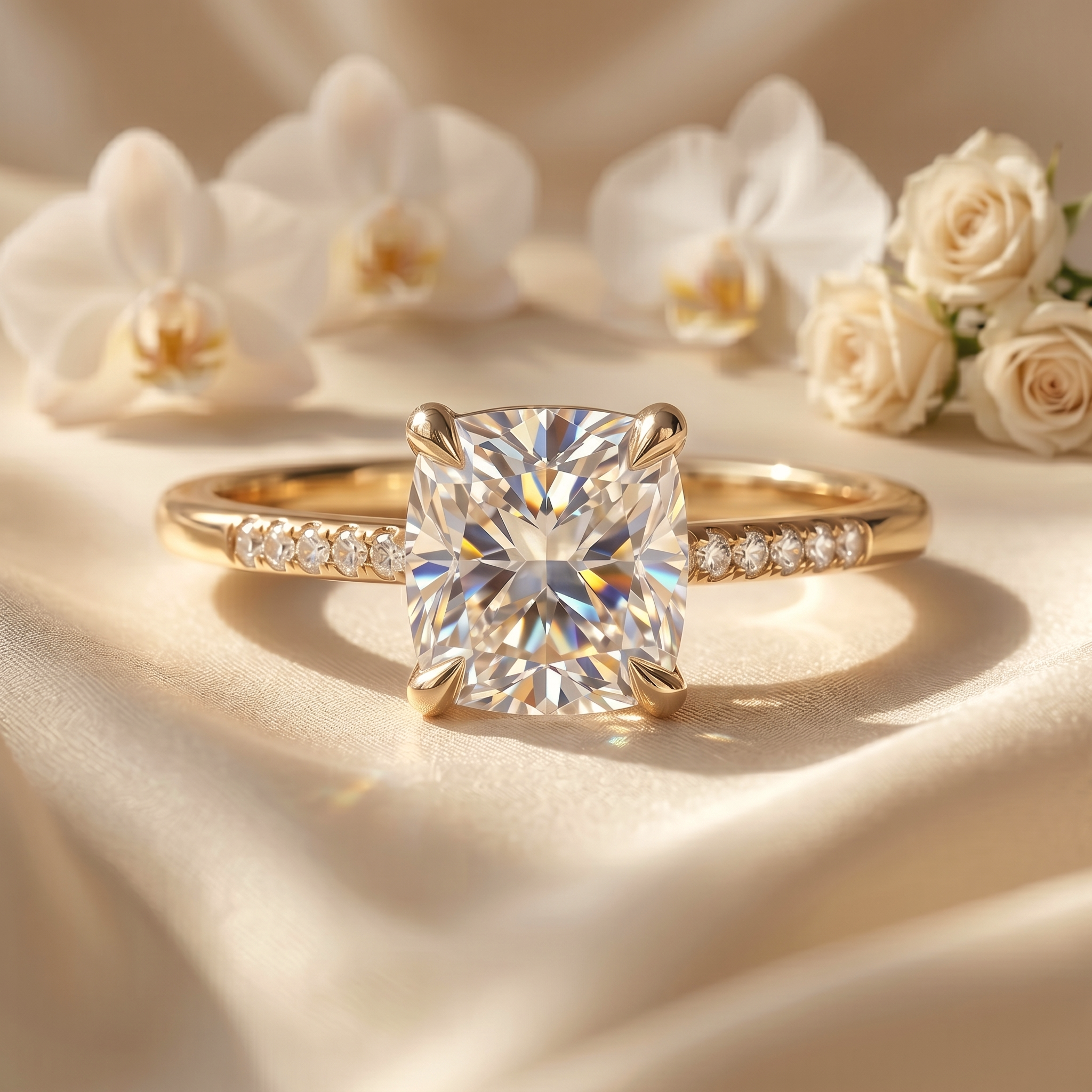 A cushion cut moissanite engagement ring in yellow gold with a pavé diamond band displayed on soft cream satin.