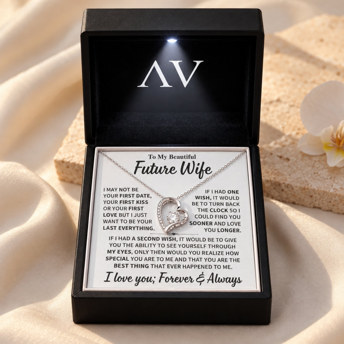 Silver-finish heart necklace with the To My Future Wife message card in an Awareness Avenue black LED gift box.