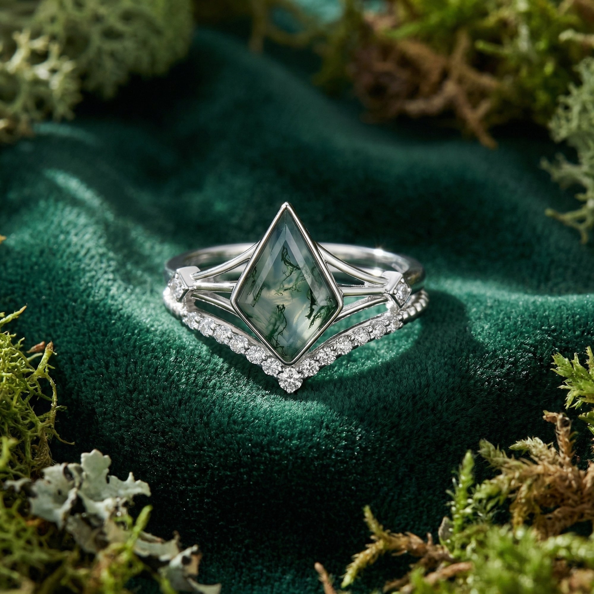 Natural Moss Agate V Cut Solitaire Ring Set - S925 Sterling Silver