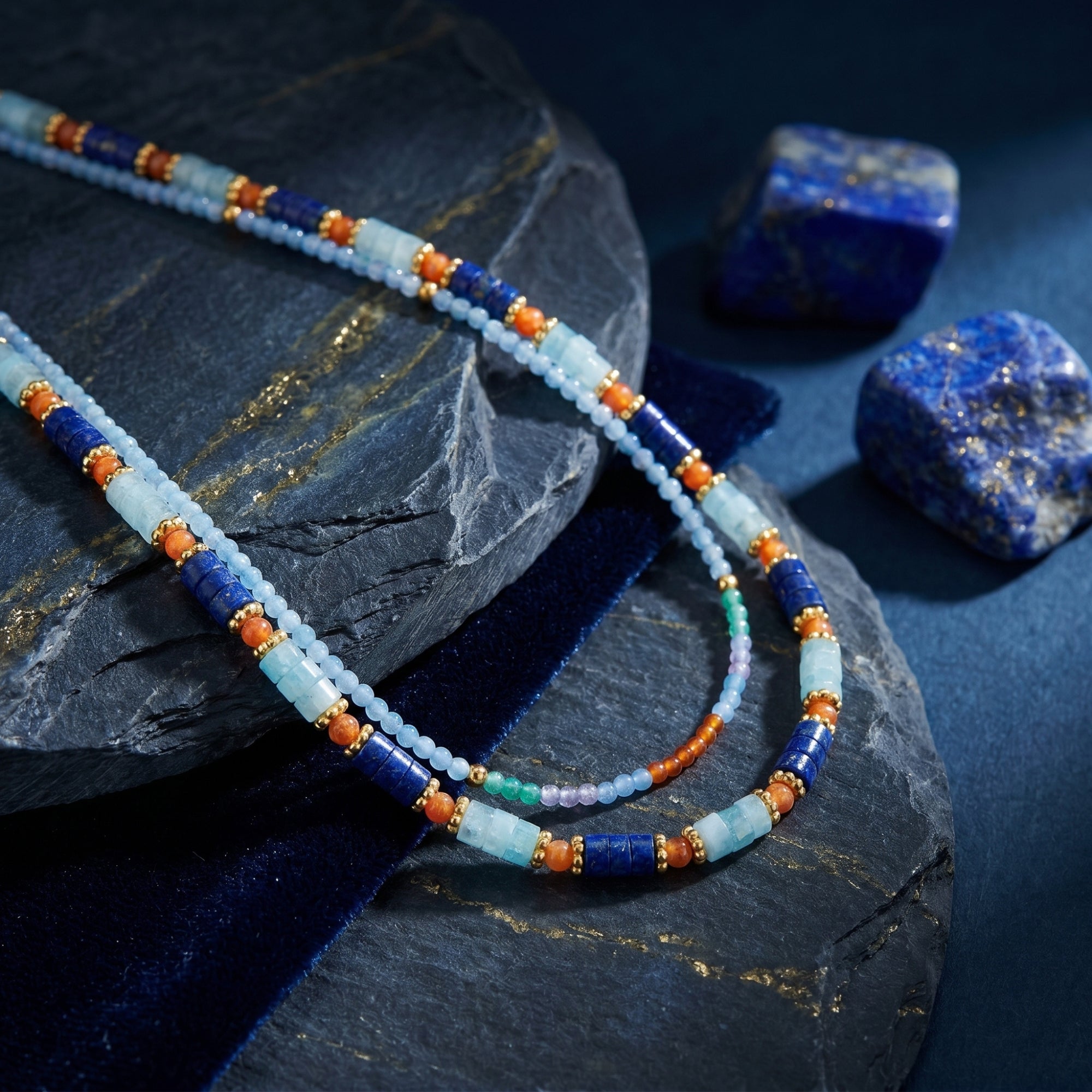 Close-up of a layered gold plated necklace with 5mm lapis and multi-color gemstone beads on a dark stone background.