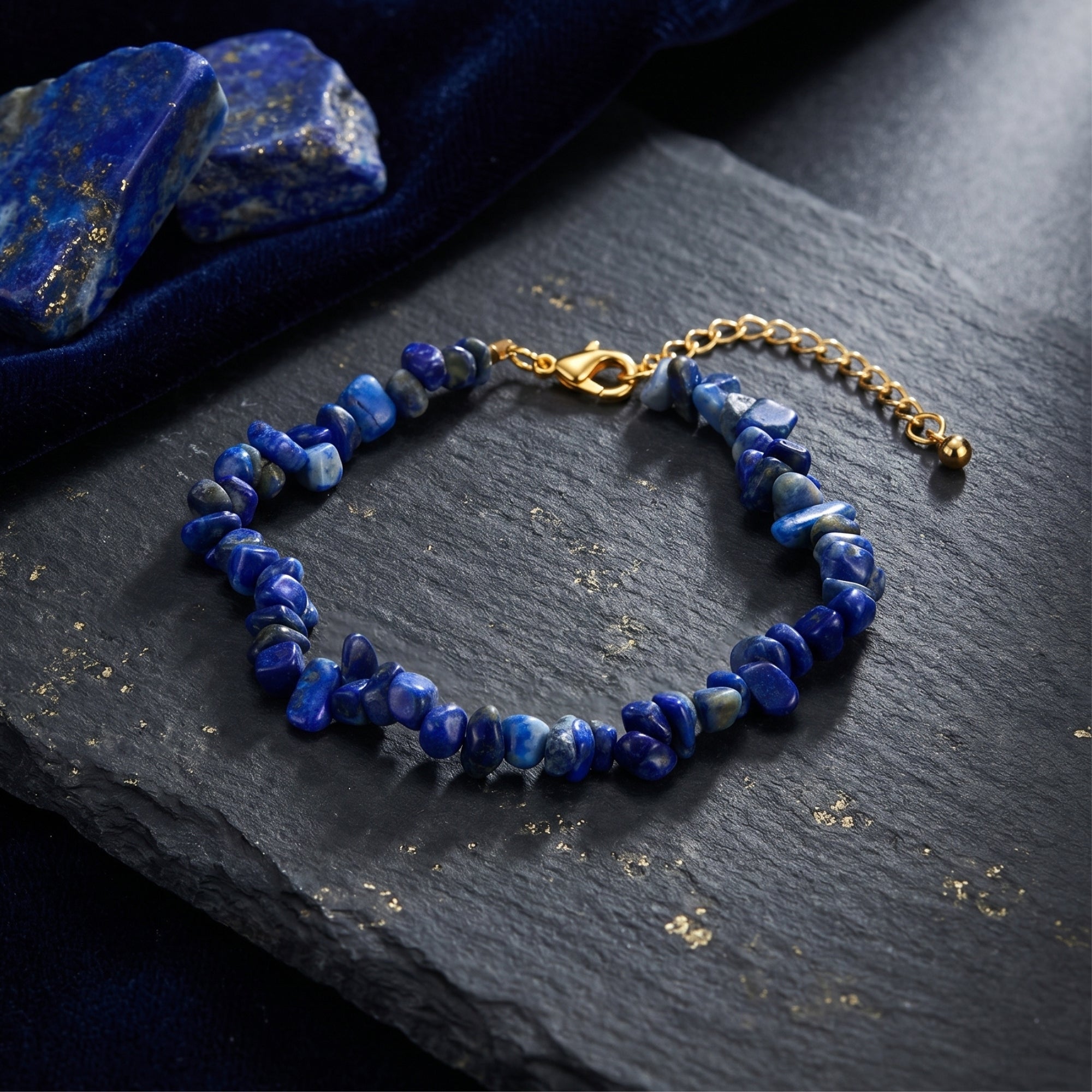Natural lapis lazuli pebble bead bracelet with gold plated clasp on a dark slate and velvet background.