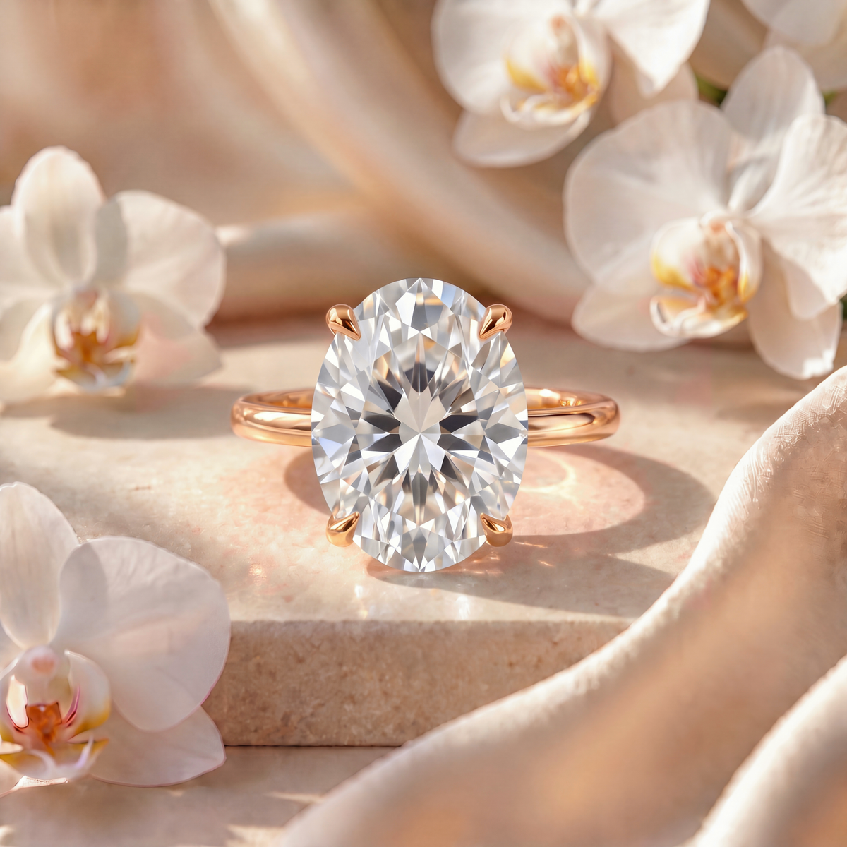Solitaire oval cut moissanite engagement ring on a yellow gold band displayed on a marble pedestal with orchids.