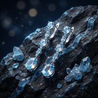 Silver drop earrings with round and oval natural blue topaz stones resting on dark volcanic rock with blue crystals.