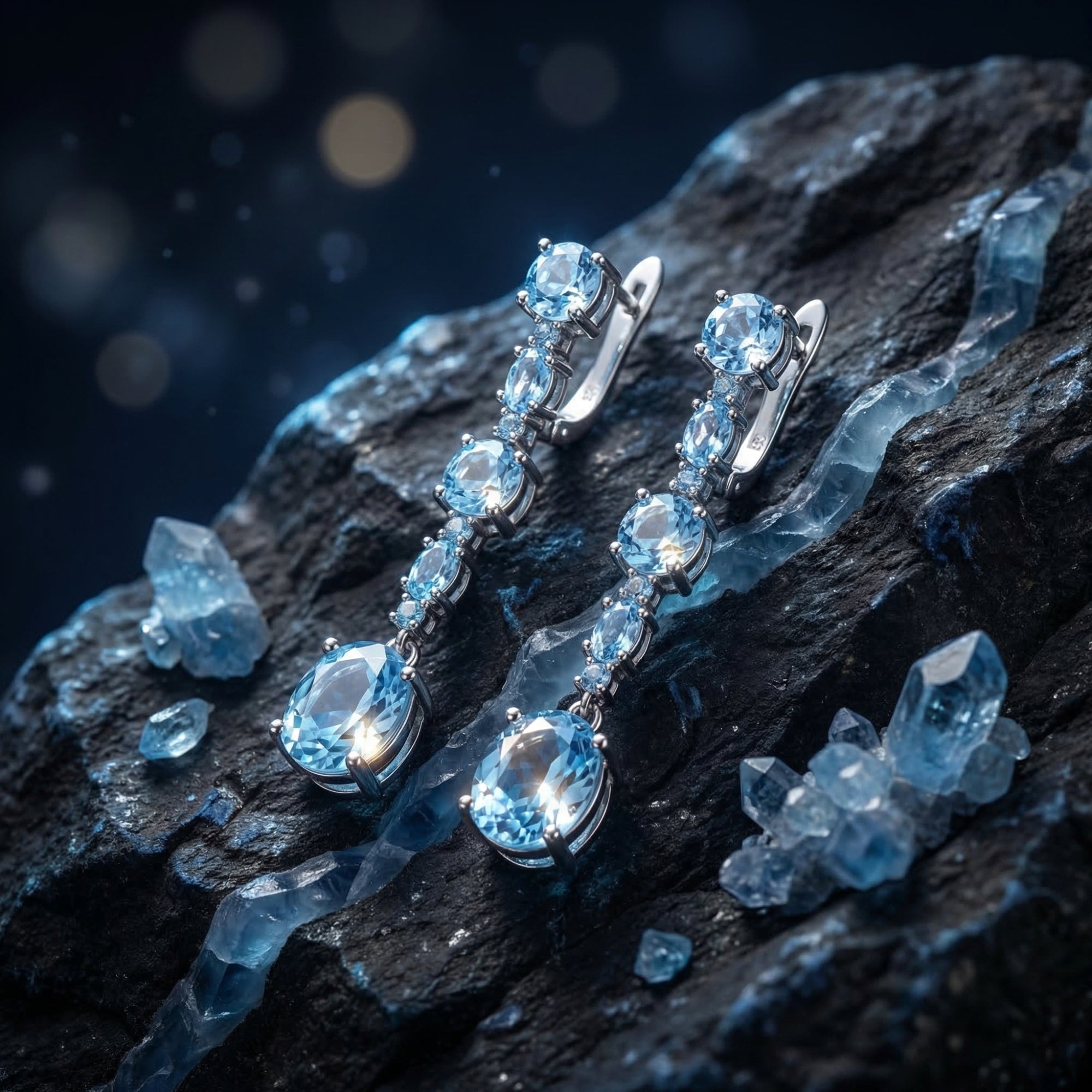 Silver drop earrings with round and oval natural blue topaz stones resting on dark volcanic rock with blue crystals.