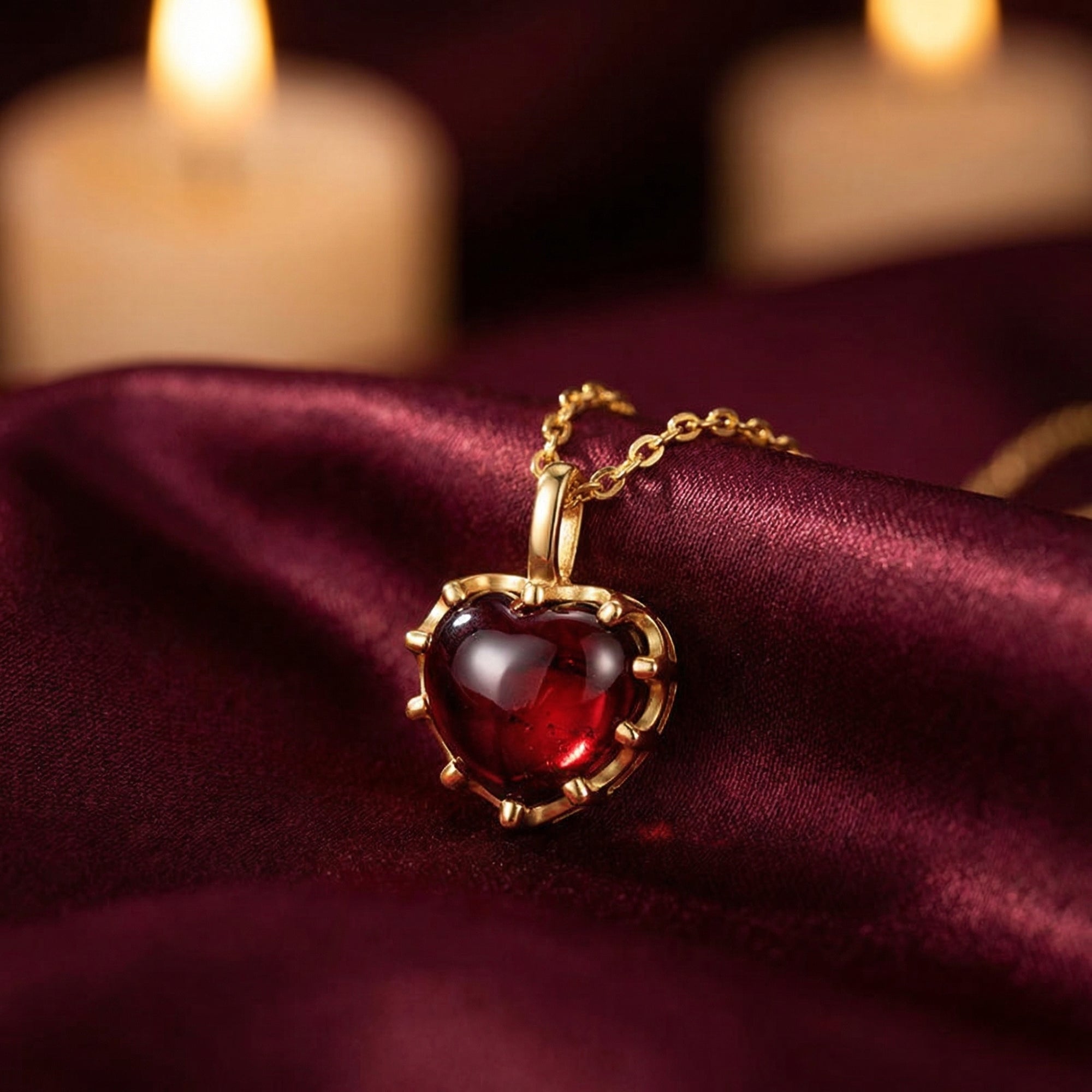 Heart-cut red garnet necklace in yellow gold resting on burgundy silk fabric with blurred candles in the background.