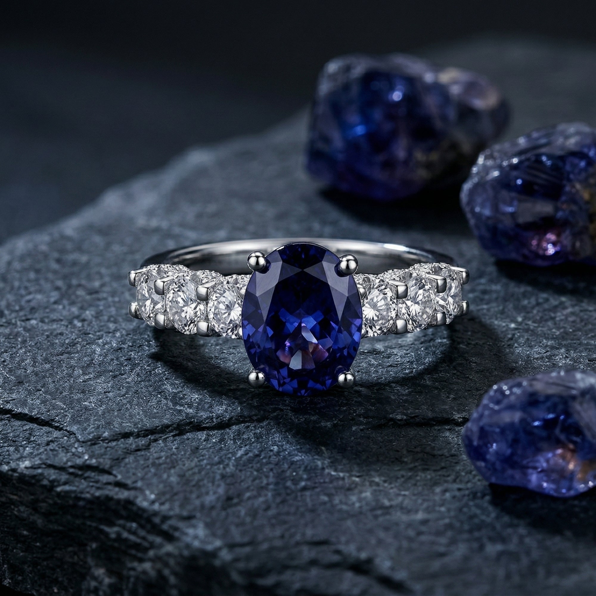 Oval natural tanzanite ring in 925 sterling silver with side stones, displayed on a dark textured rock.