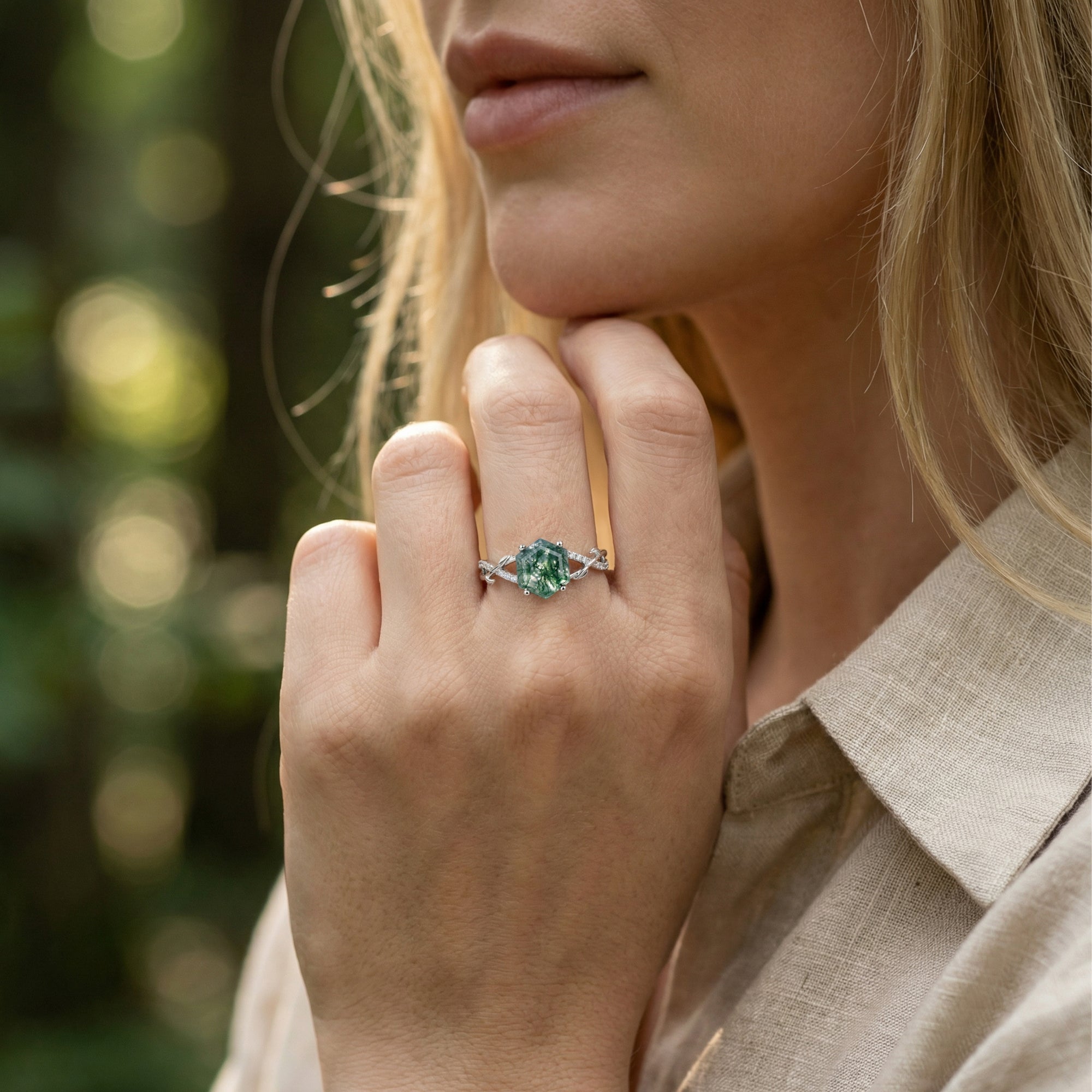 Hexagonal Cut Natural Moss Agate Diamond Detail Ring - S925 Sterling Silver