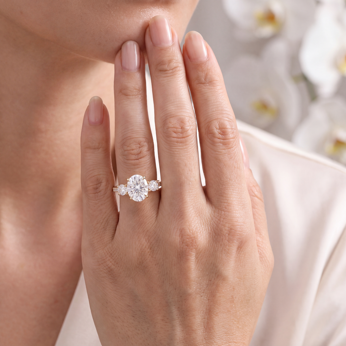 Yellow gold three-stone oval moissanite ring worn on a model's hand.