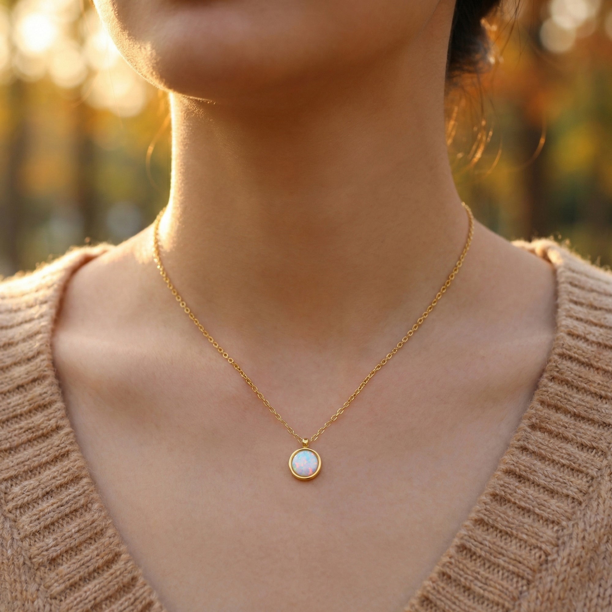 Model wearing the gold finish round cut white opal necklace against a warm outdoor background.
