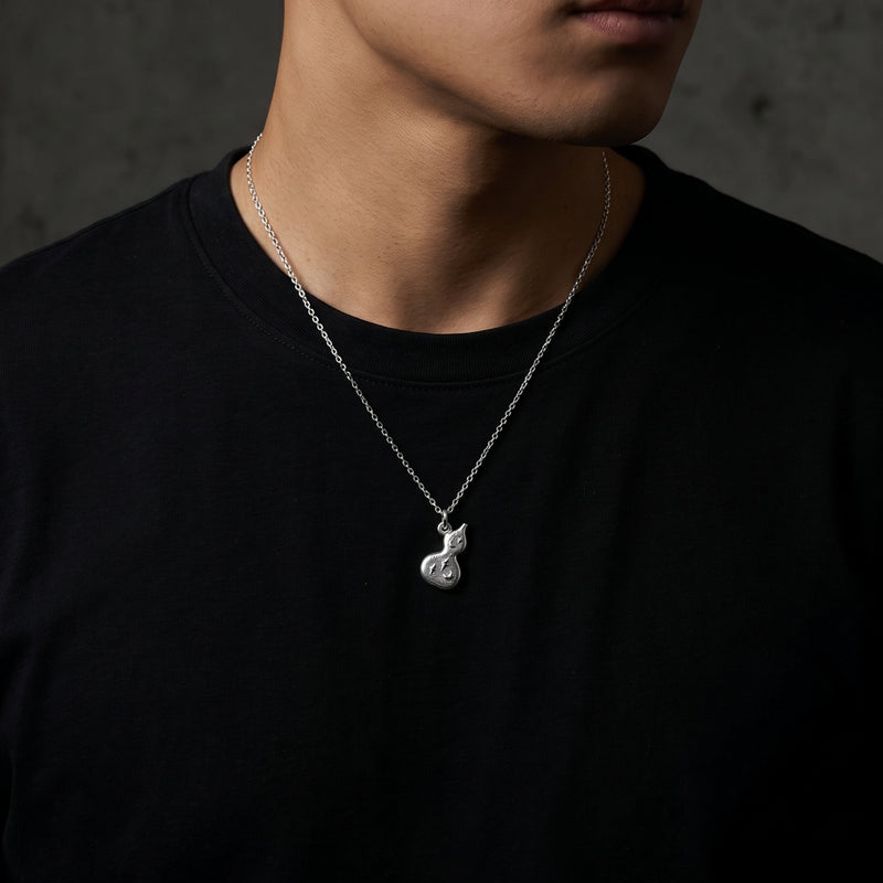 Man wearing the silver gourd pendant necklace over a black crewneck shirt, shown from the chest up.