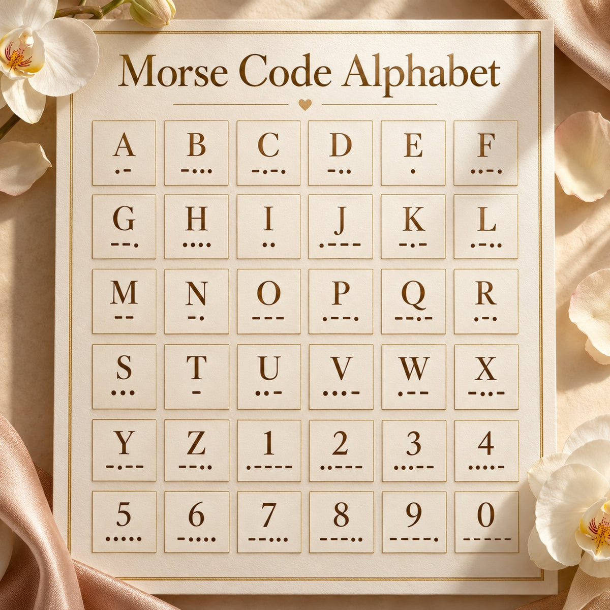 Morse Code Alphabet reference showing letters A–Z and digits 0–9.