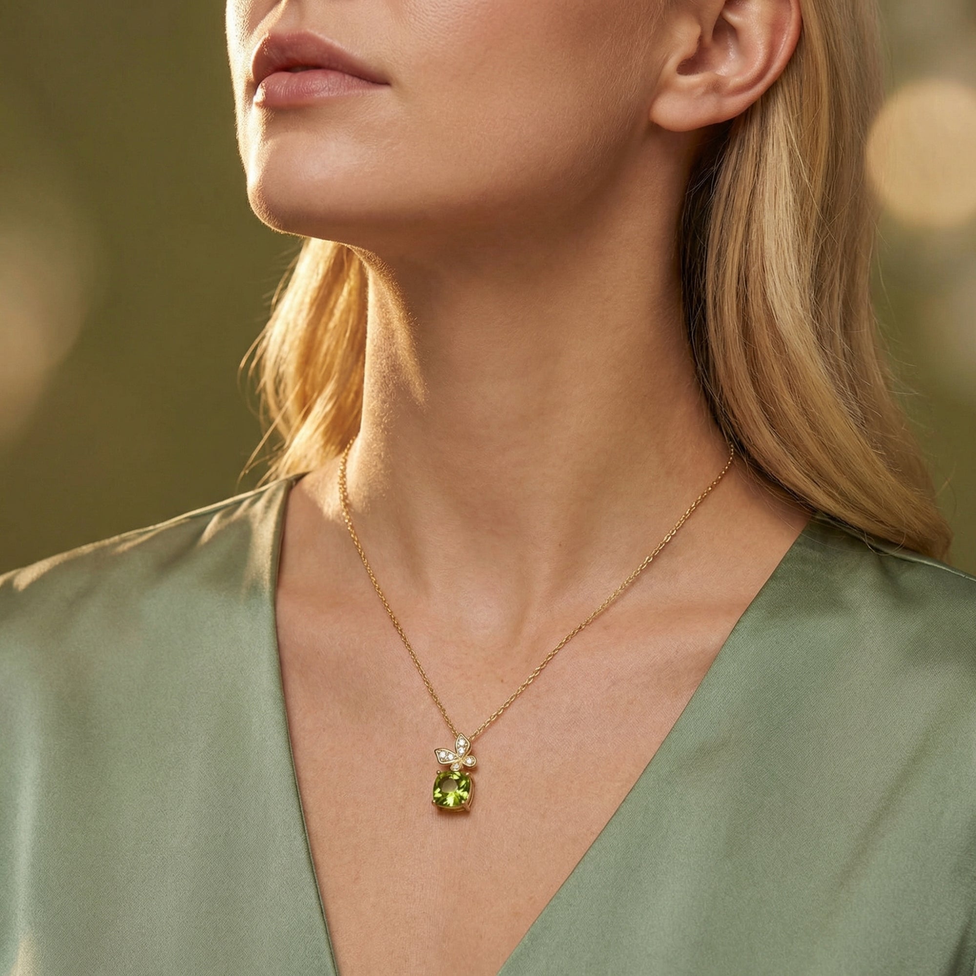 Model wearing the Talisa cushion cut peridot necklace in 18K gold vermeil against a green blouse.