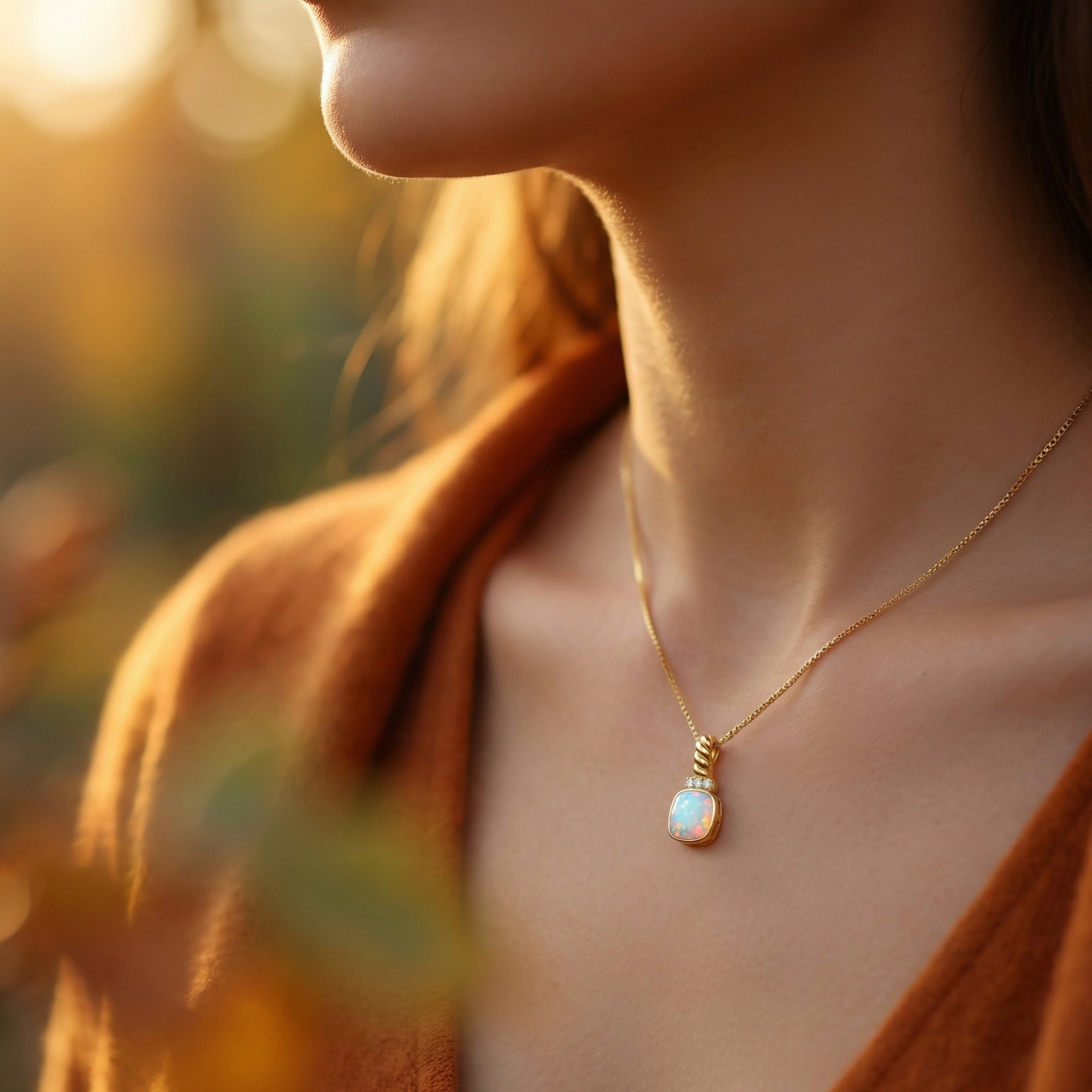 Model wearing the gold-tone white opal cushion pendant necklace against a warm sunset background.