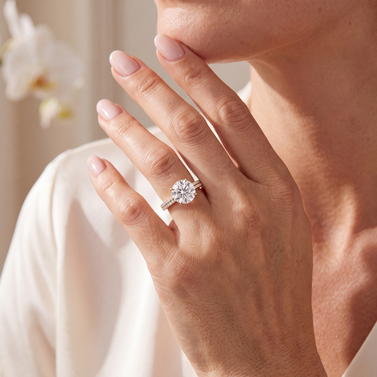 Yellow gold round moissanite engagement ring with double-row pavé band worn on a woman's hand.