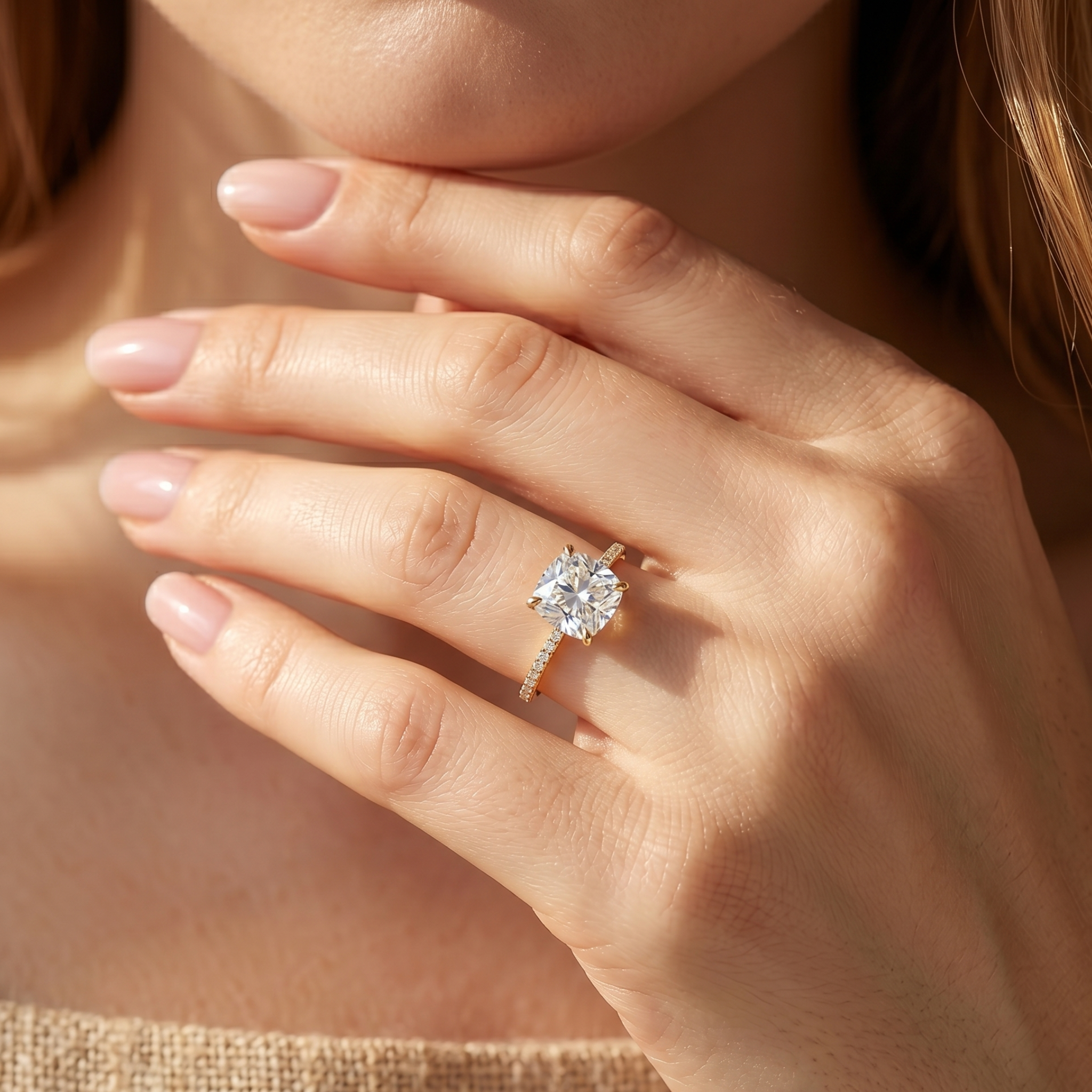 A close-up view of a woman wearing a cushion-cut moissanite ring in yellow gold on her ring finger.