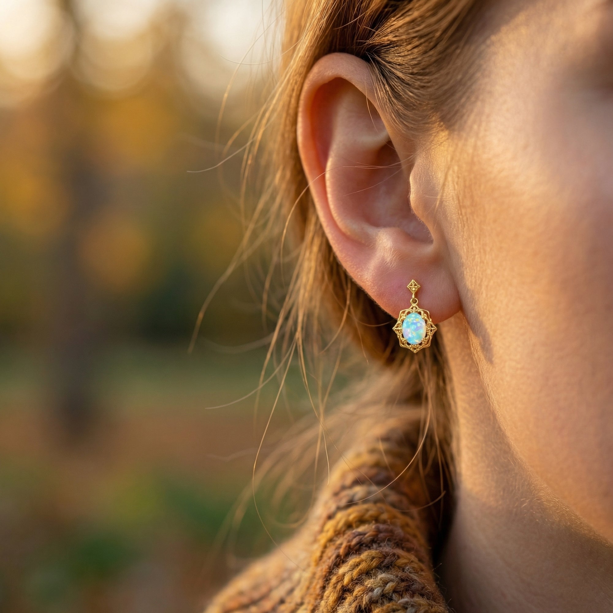 Gold-tone oval white opal drop earring worn on a woman's ear in a natural outdoor setting.