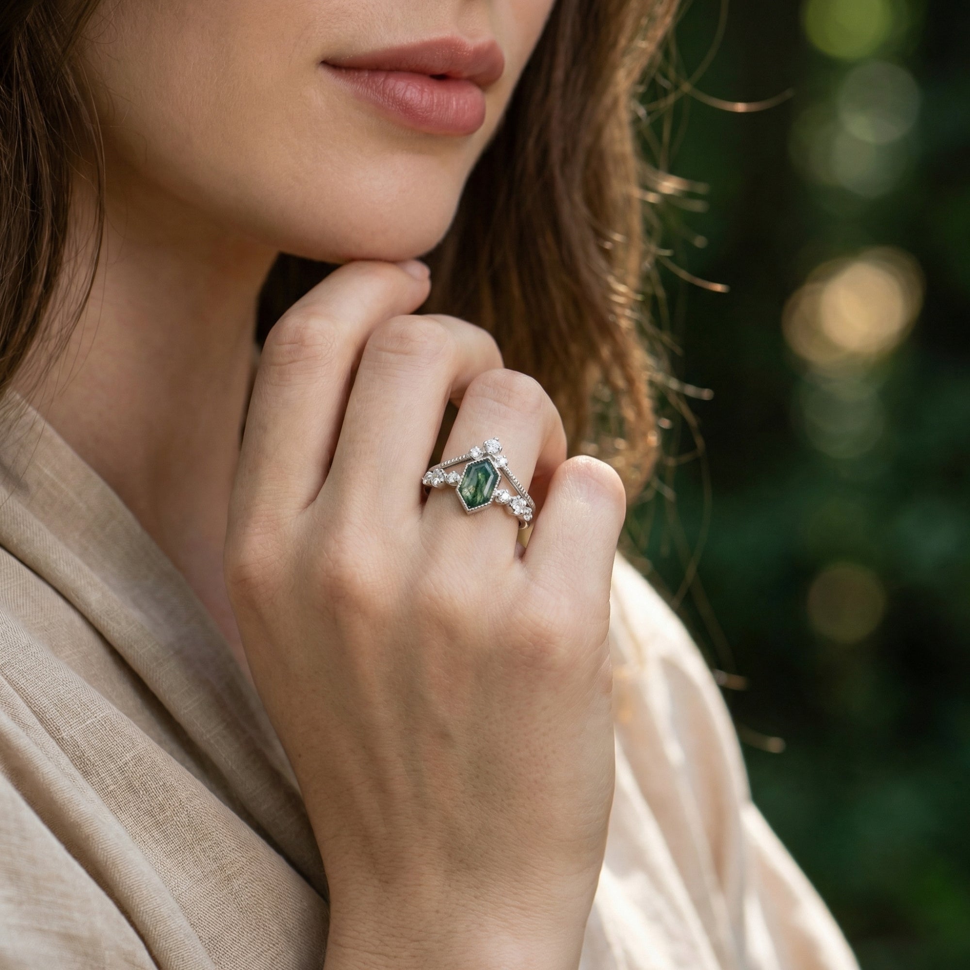 Serenity Kite Cut Moss Agate & Diamond Ring Duo - S925 Sterling Silver