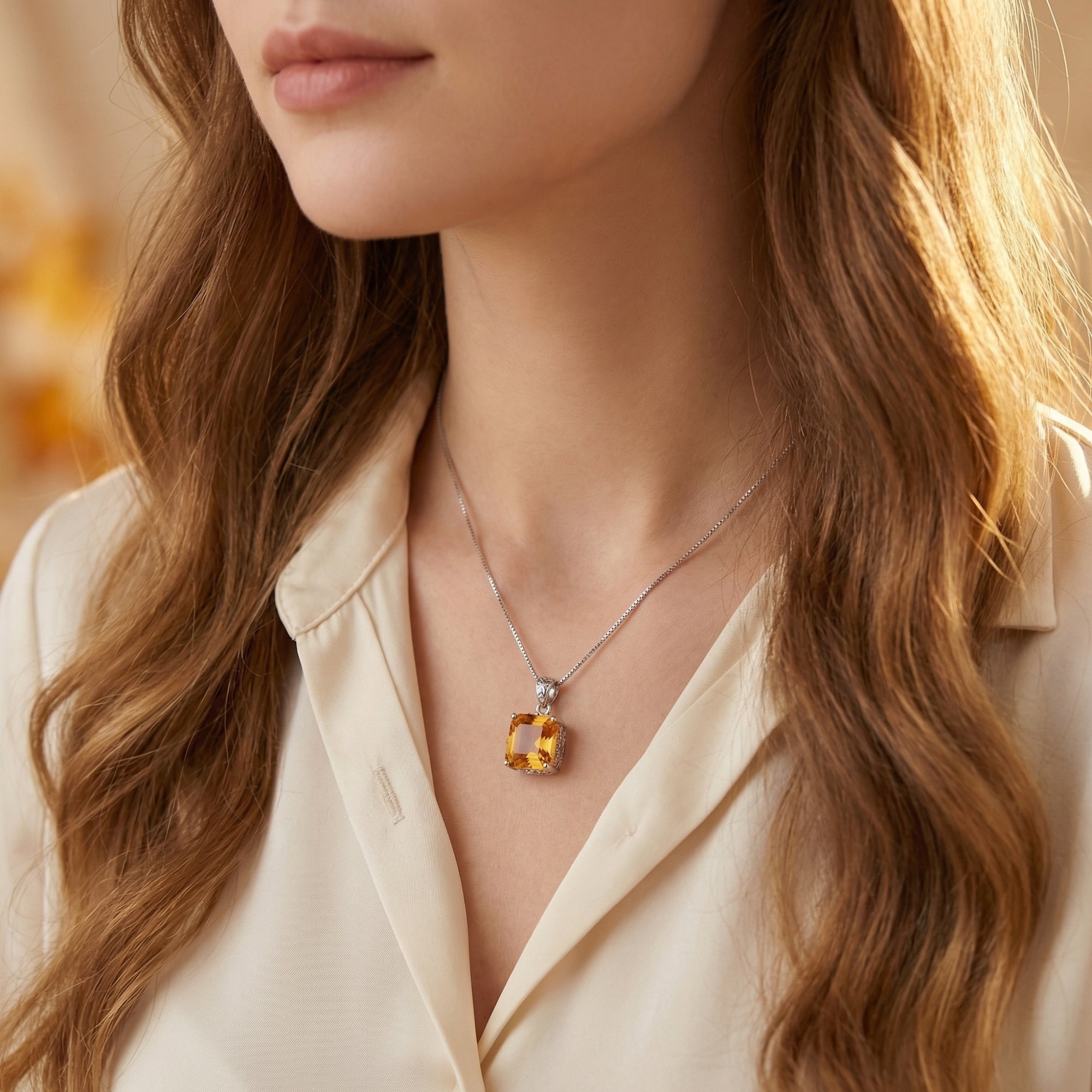 Woman wearing the Helios square-cut natural citrine necklace in sterling silver with a cream blouse.