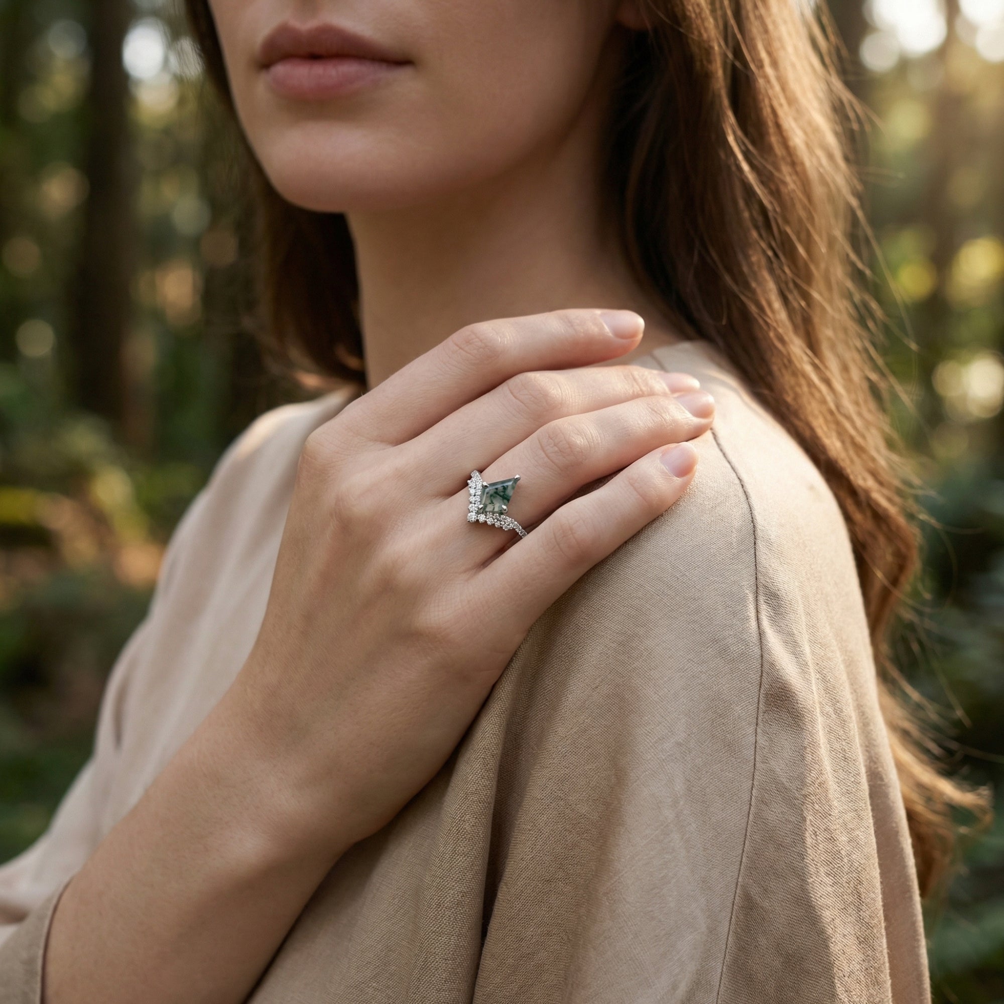 Swirl Diamonds Natural Kite Cut Moss Agate Ring - S925 Sterling Silver