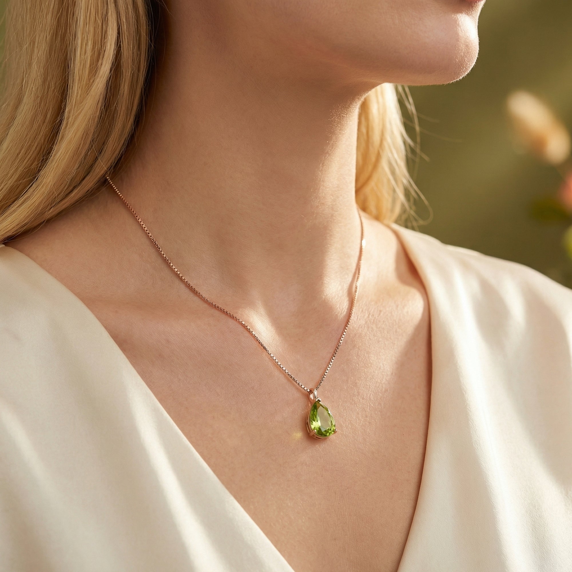 Woman wearing the Elyon pear-cut peridot necklace in 18K rose gold vermeil against a soft cream blouse.