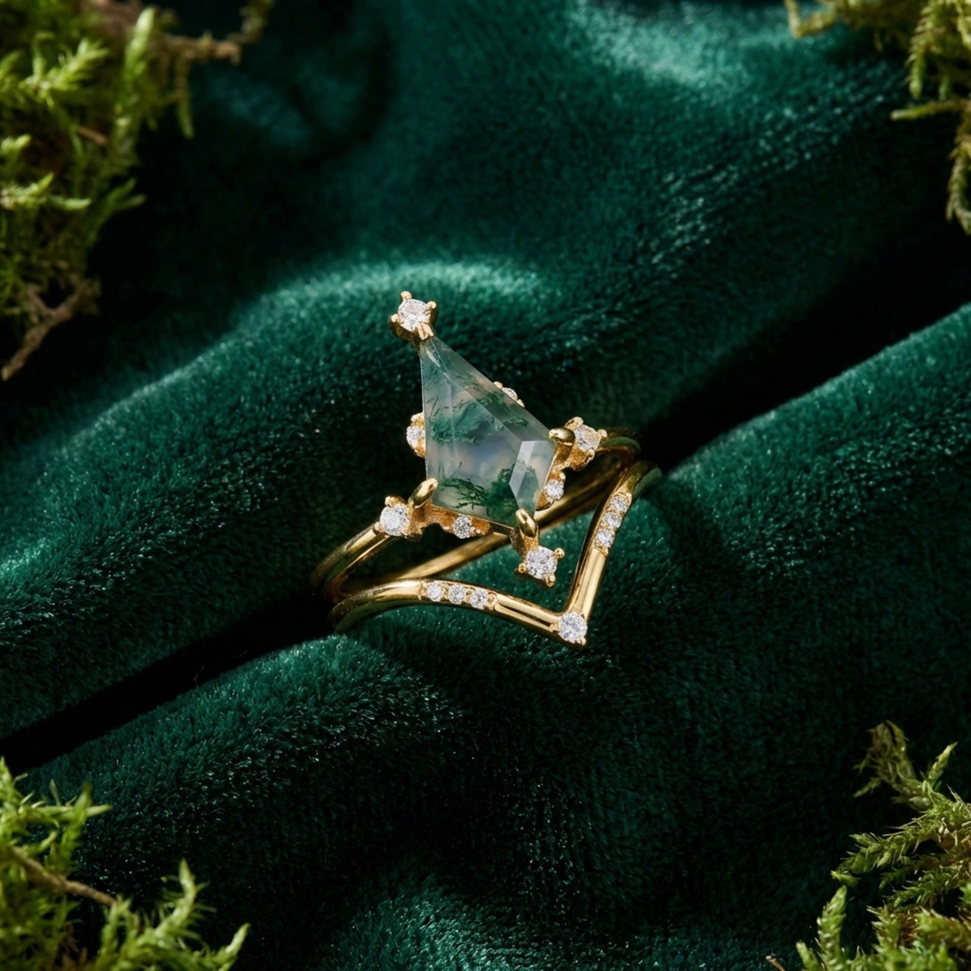 Kite Cut Natural Moss Agate Gold Ring Set - S925 Sterling Silver