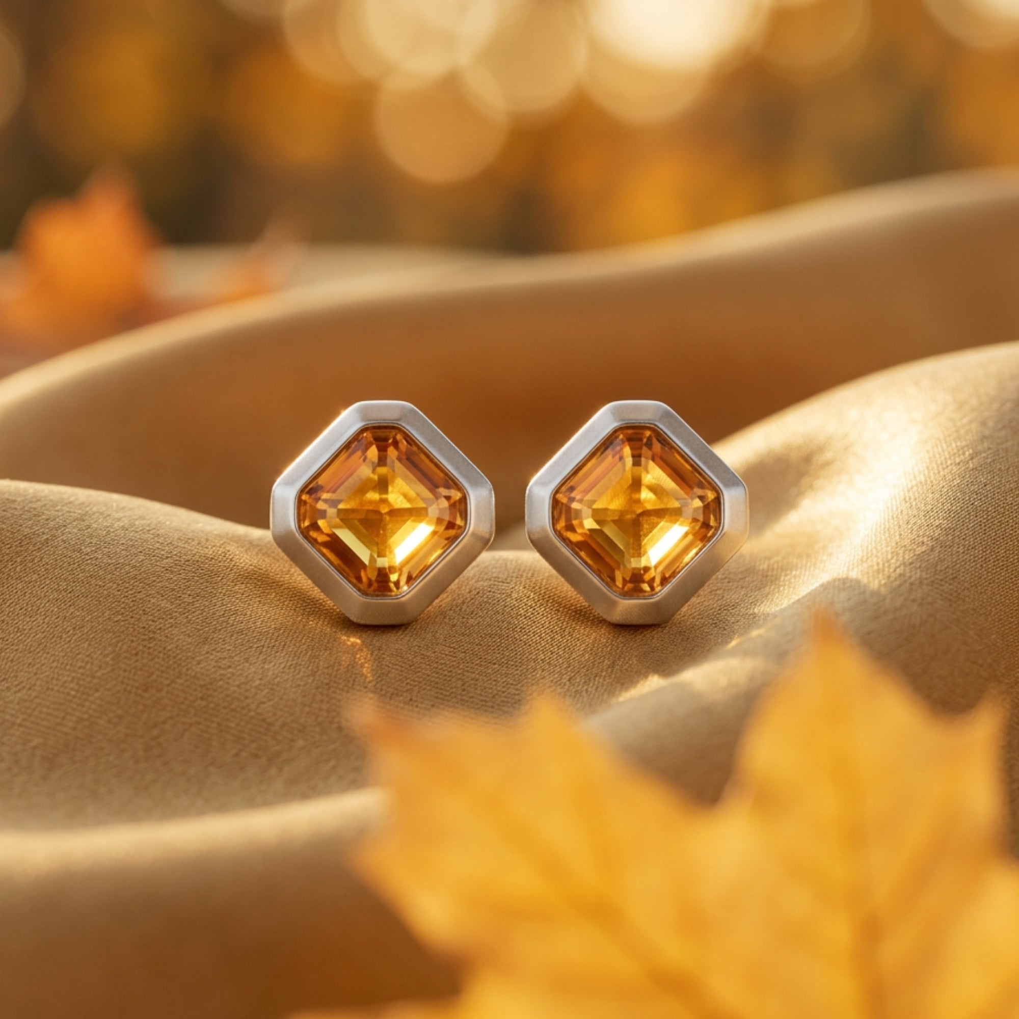 Close-up of Leonie natural citrine earrings in white gold showing the architectural Ascher cut facets and warm glow.
