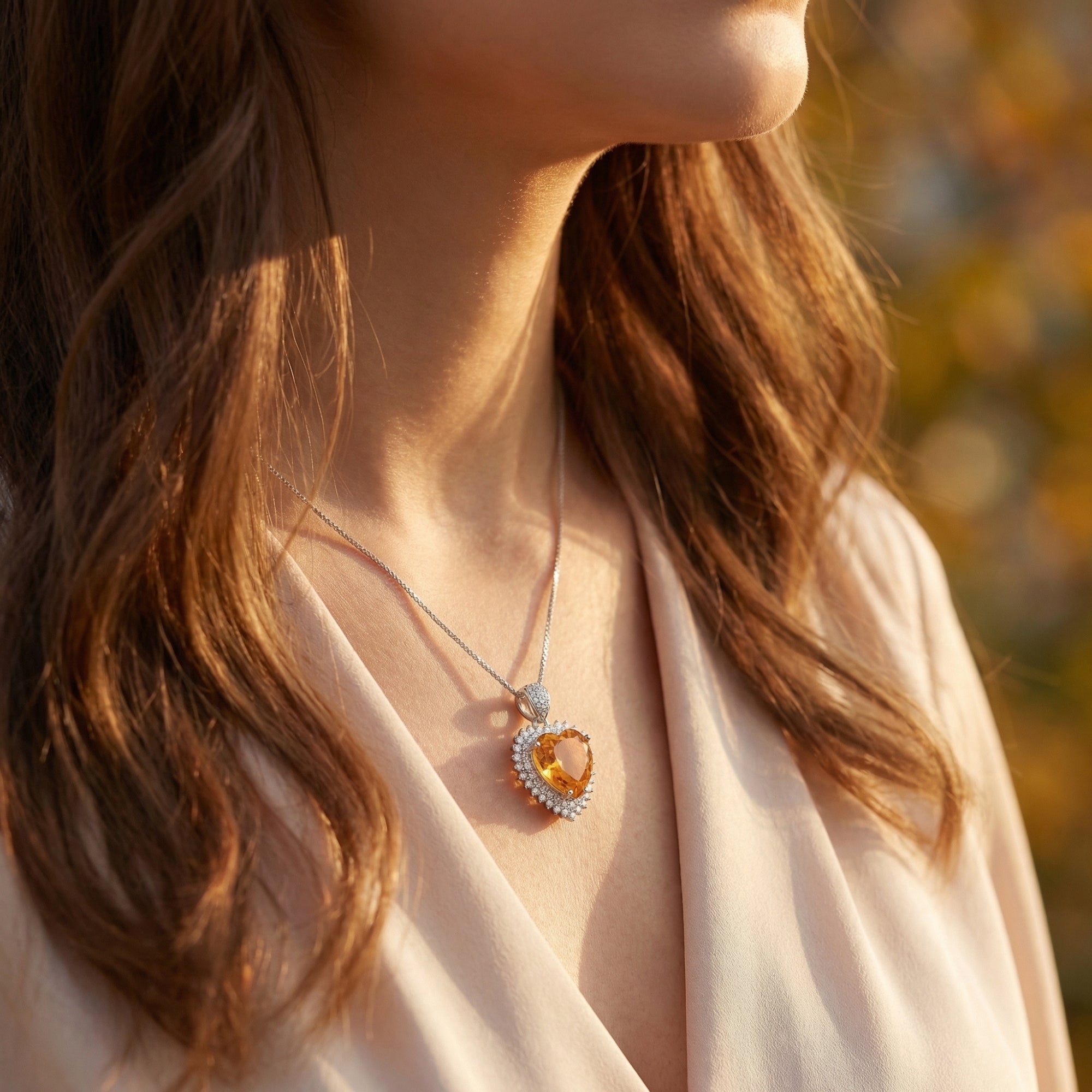 Model wearing the heart cut citrine halo necklace in white gold, showcasing its size and sunlit glow on the neck.