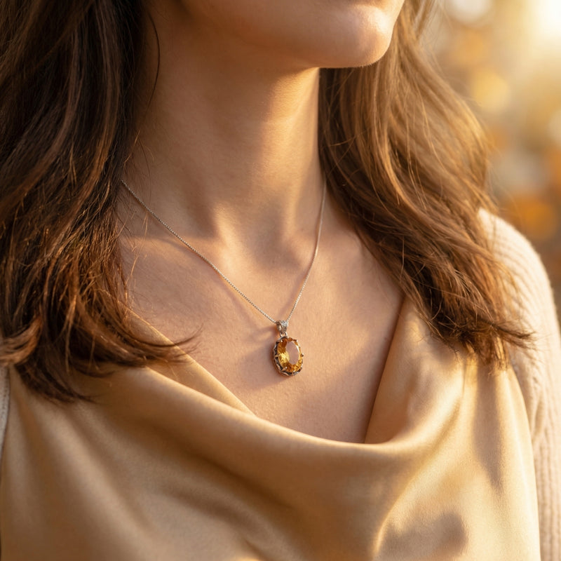 Woman wearing the Soliana oval cut citrine necklace in sterling silver against a soft golden hour glow.