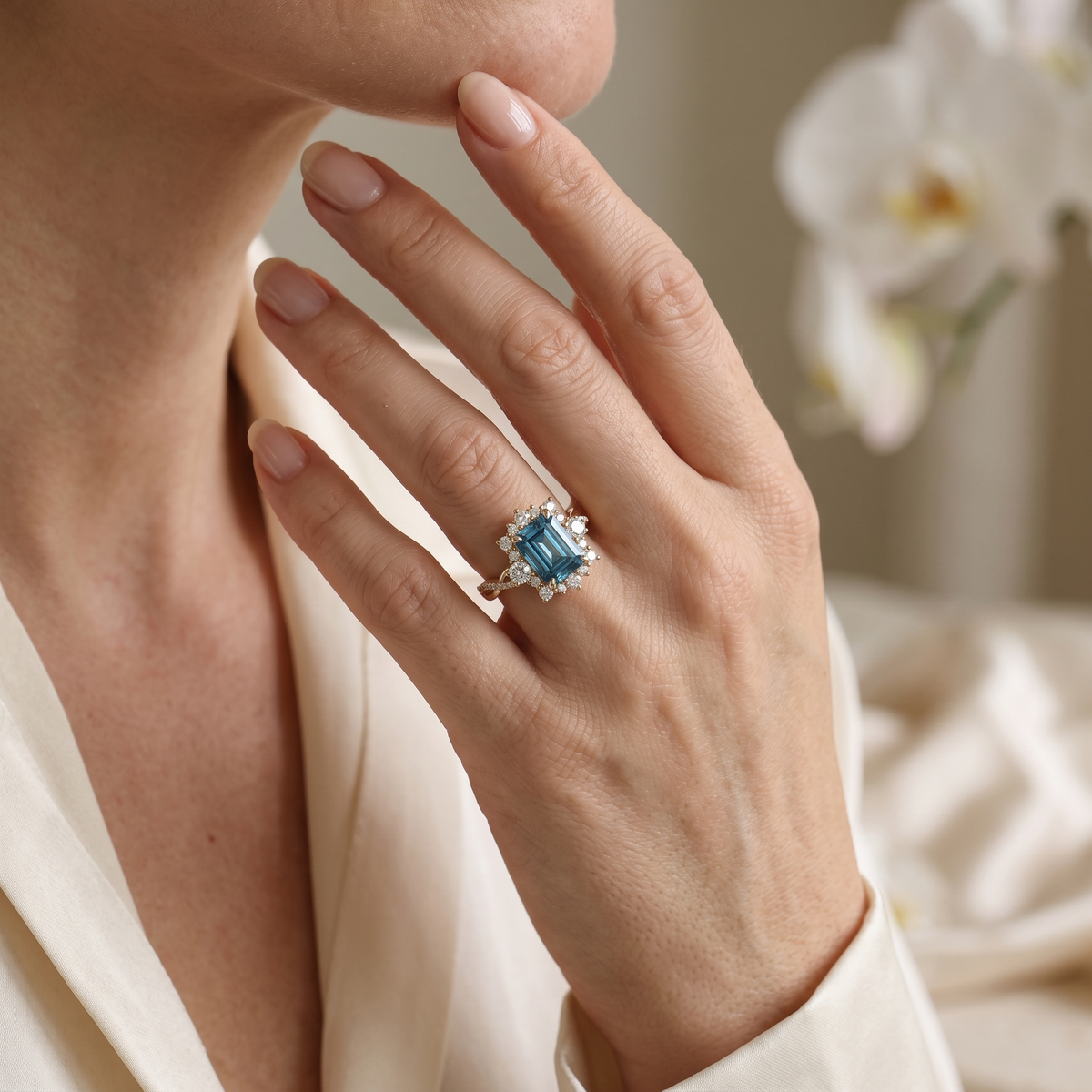Model wearing an emerald cut blue moissanite halo engagement ring in rose gold