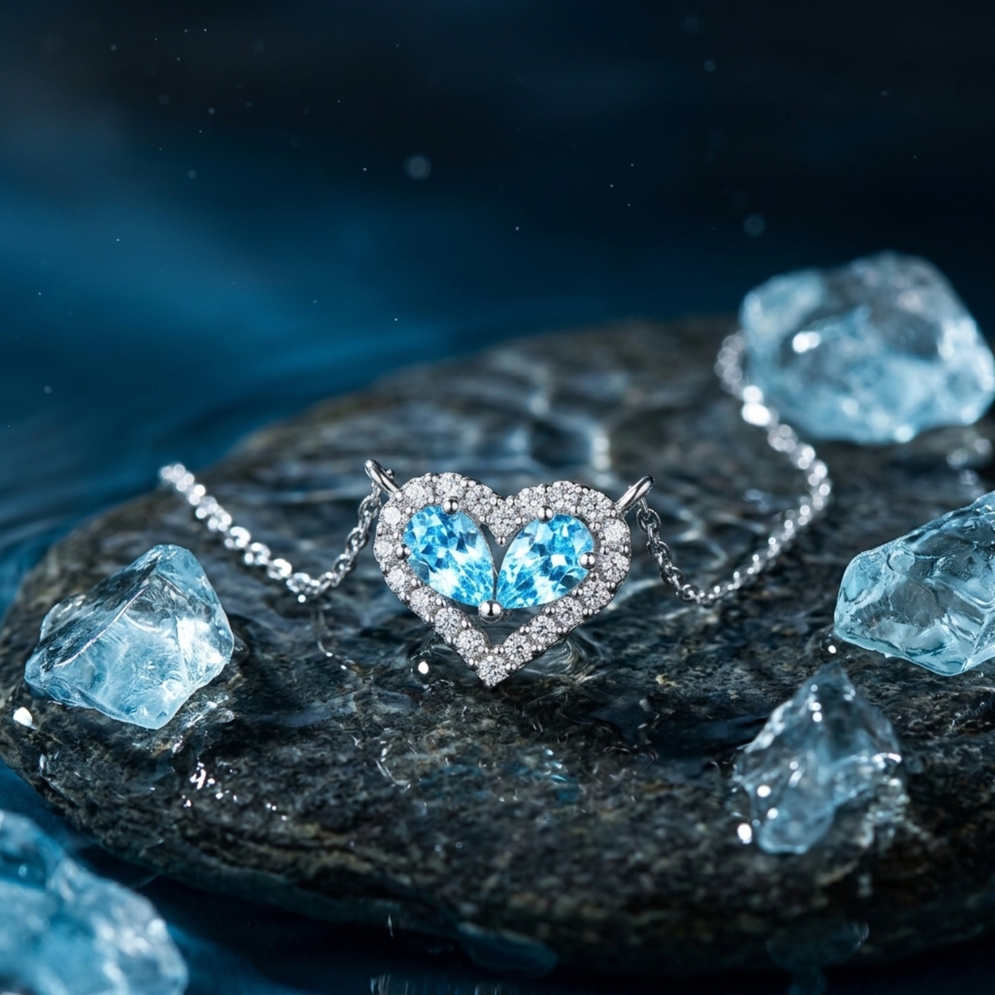Close-up of the silver heart pendant with pear-cut aquamarines and a halo setting on a wet dark rock.