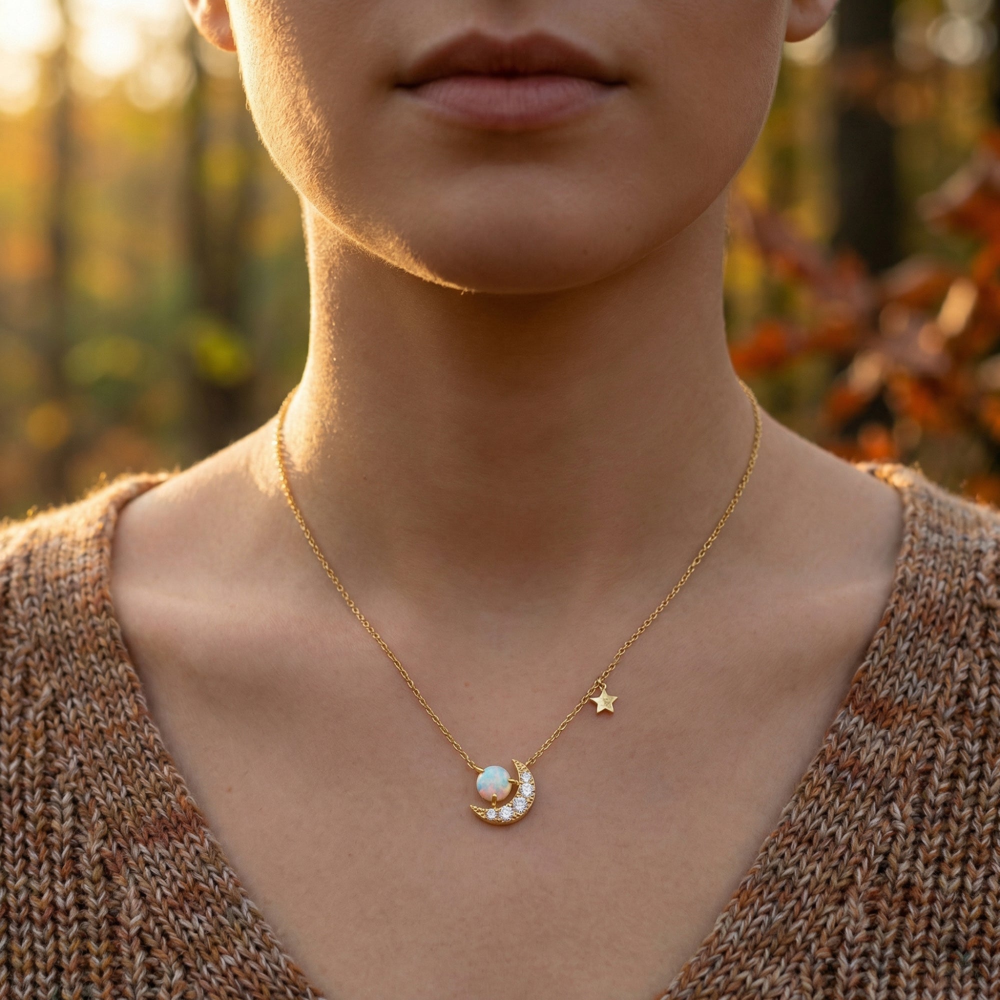 Woman wearing the gold Stellara necklace with a round opal moon pendant against a blurred nature background.