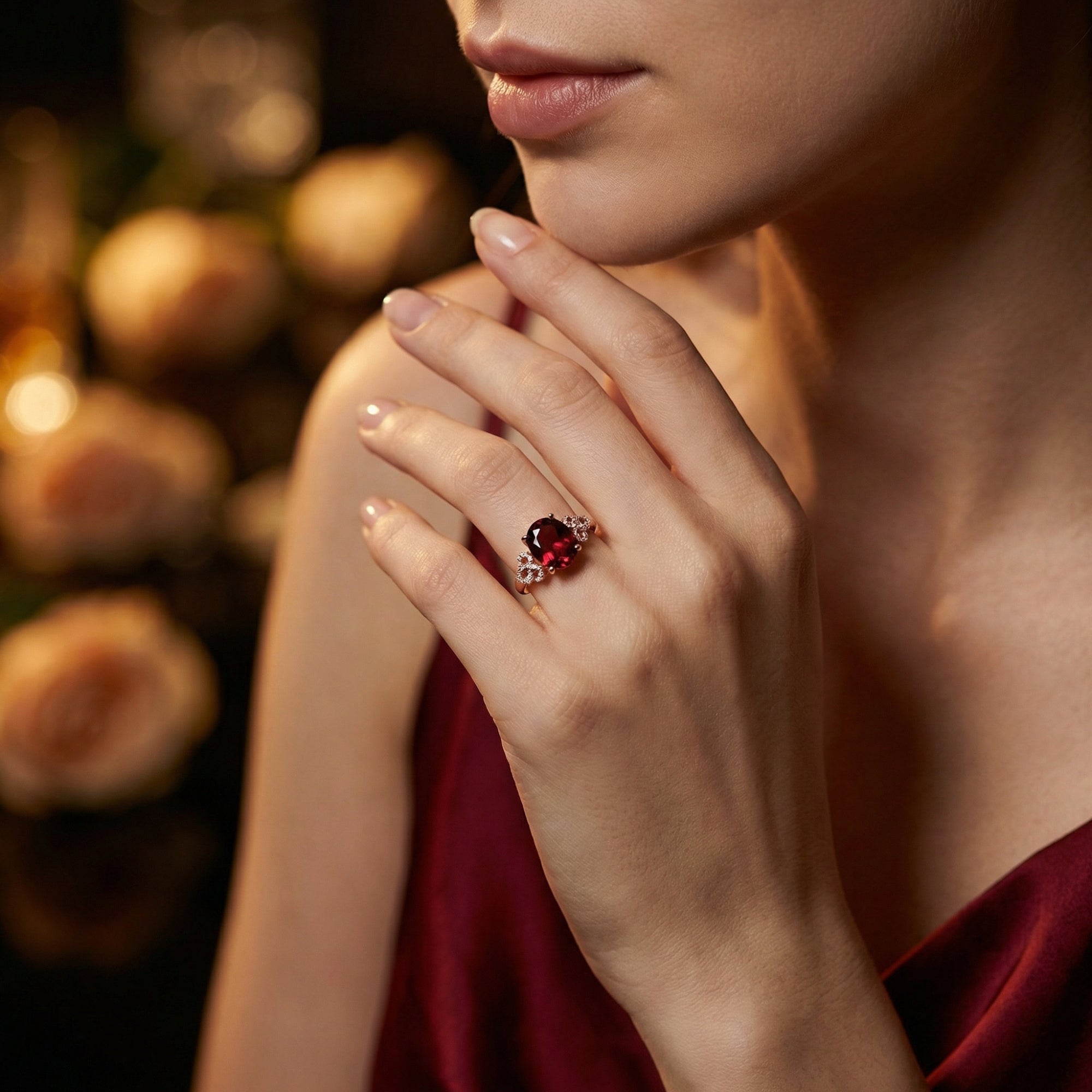 Woman wearing the oval natural garnet halo ring in 18K rose gold on her ring finger.