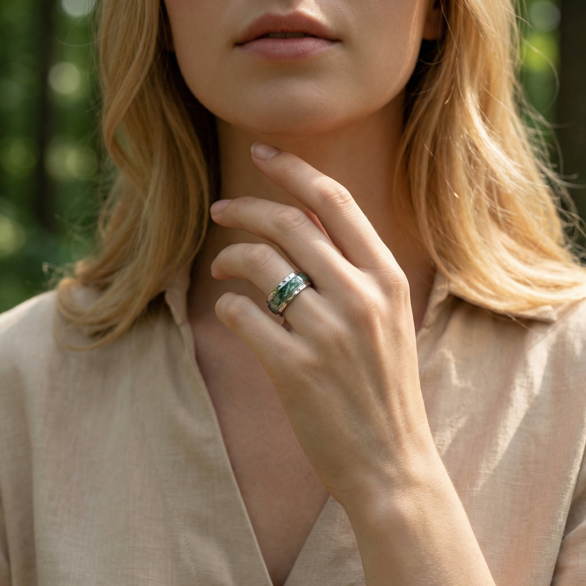 Natural Moss Agate Streamline Inlay Band Ring - S925 Sterling Silver