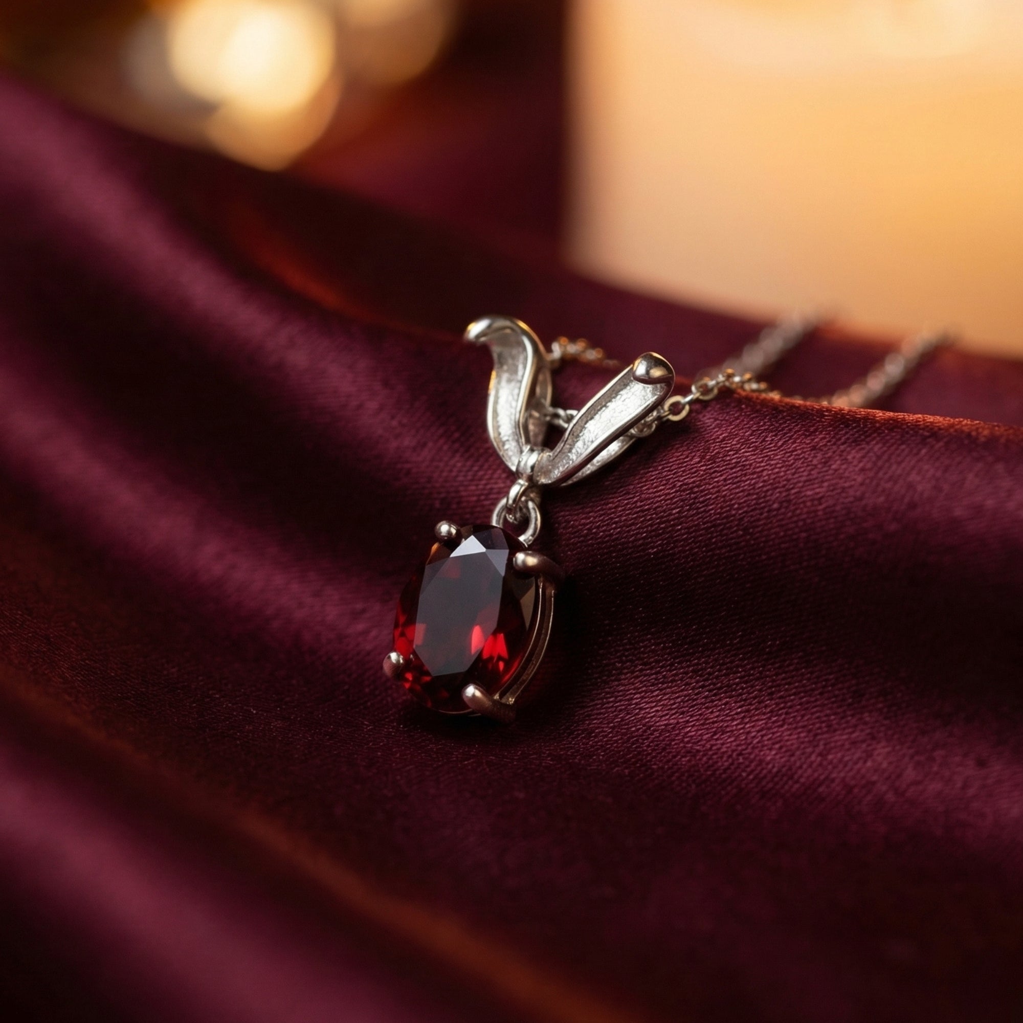 Angled view of the silver Veralina necklace featuring a 1.5-carat oval natural garnet on red satin.
