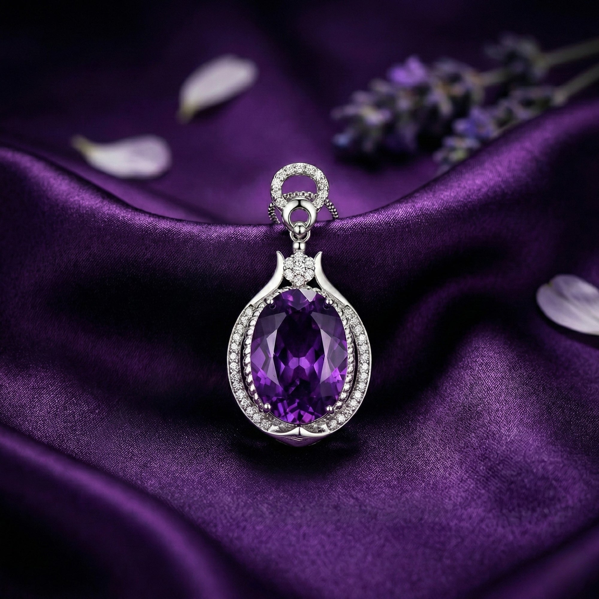 Macro view of a 13ct oval cut amethyst pendant showing the sterling silver halo and bail details.