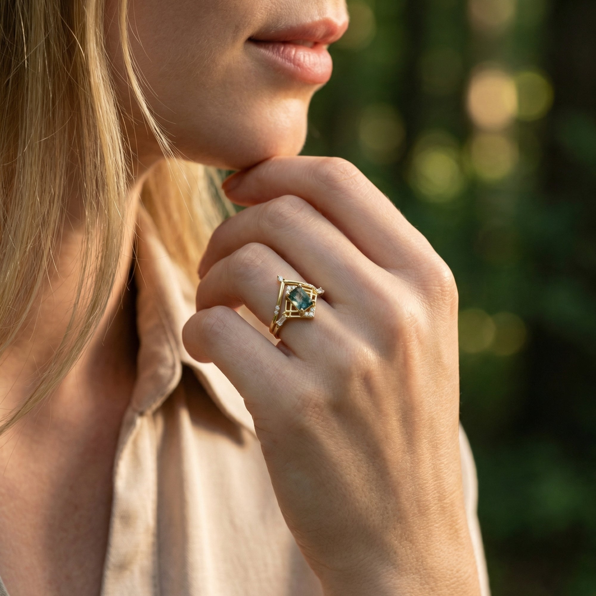 Kite Cut Natural Moss Agate Geometric Frame Ring Set - S925 Sterling Silver