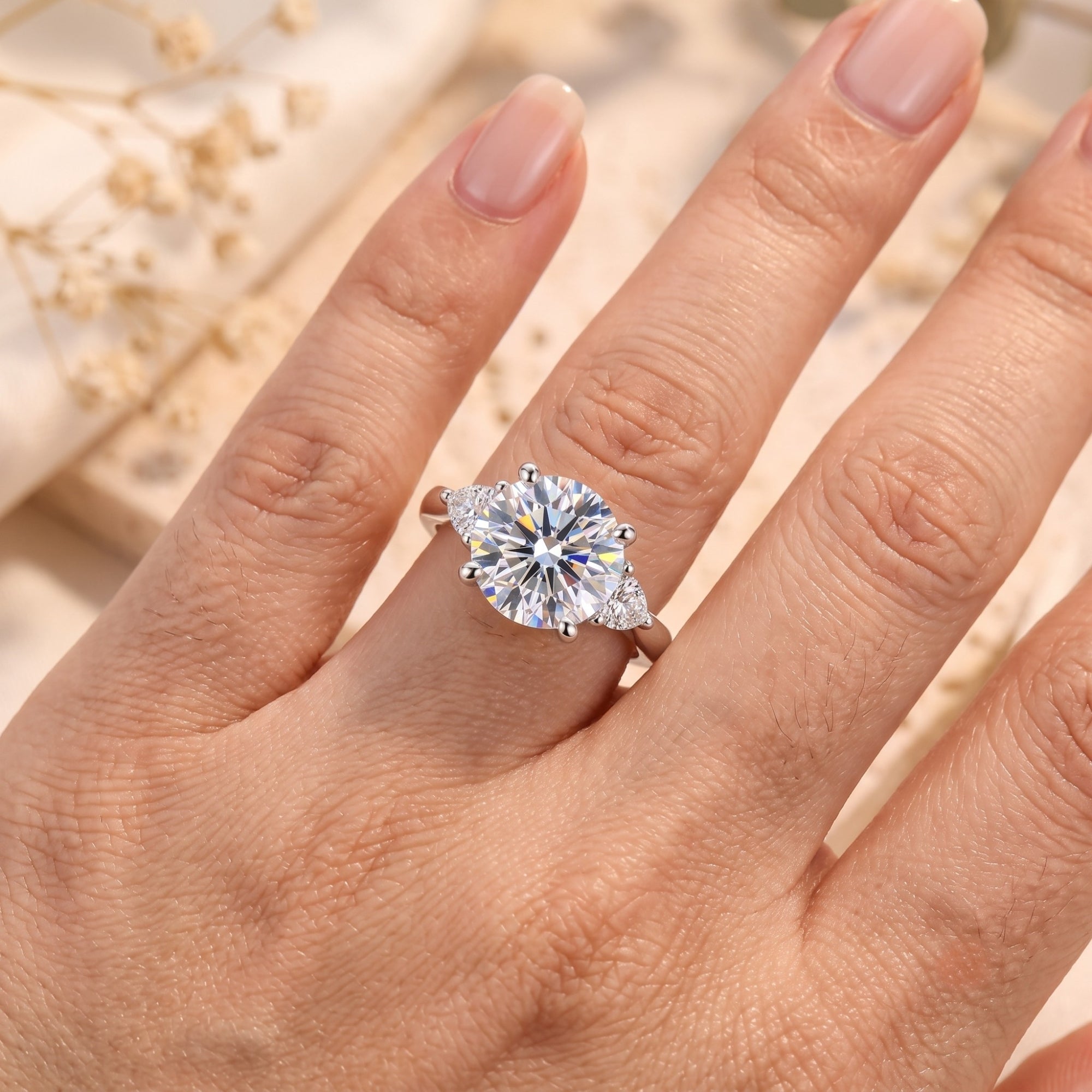 Sterling silver trilogy ring with round and pear-cut stones on a finger.