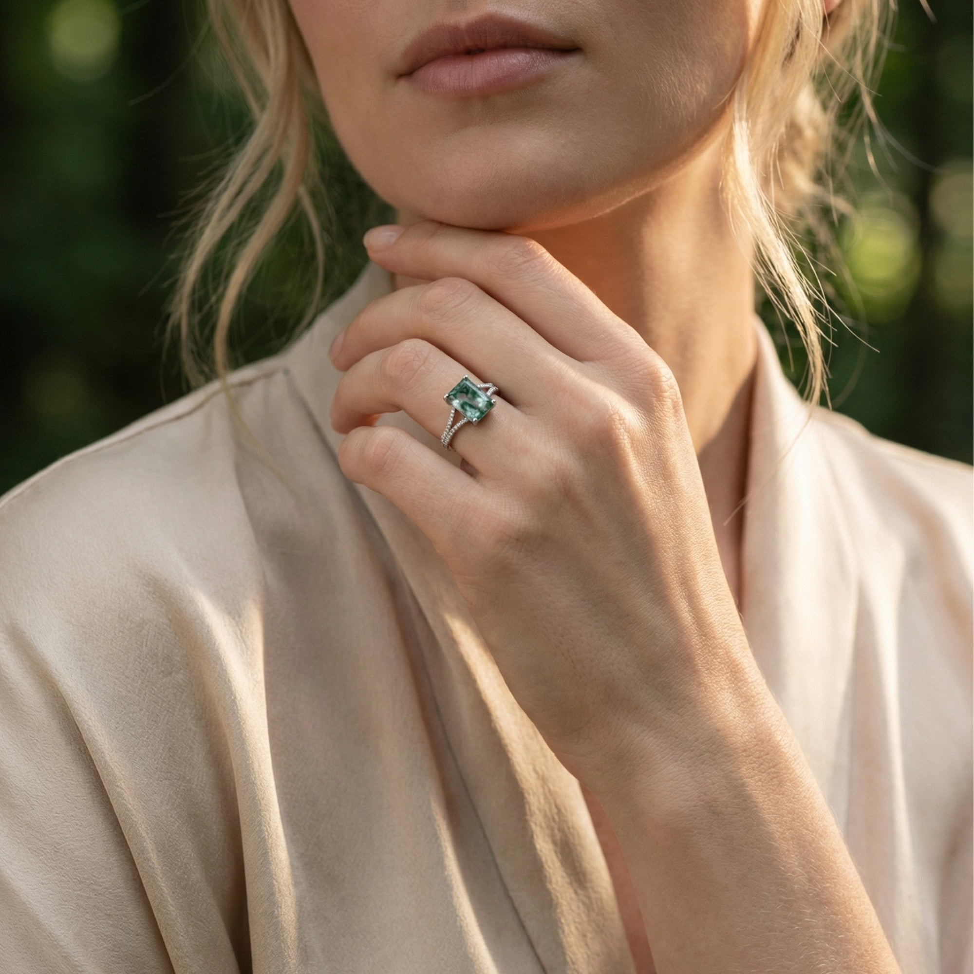 Cushion Cut Natural Moss Agate Diamond Halo Ring - S925 Sterling Silver