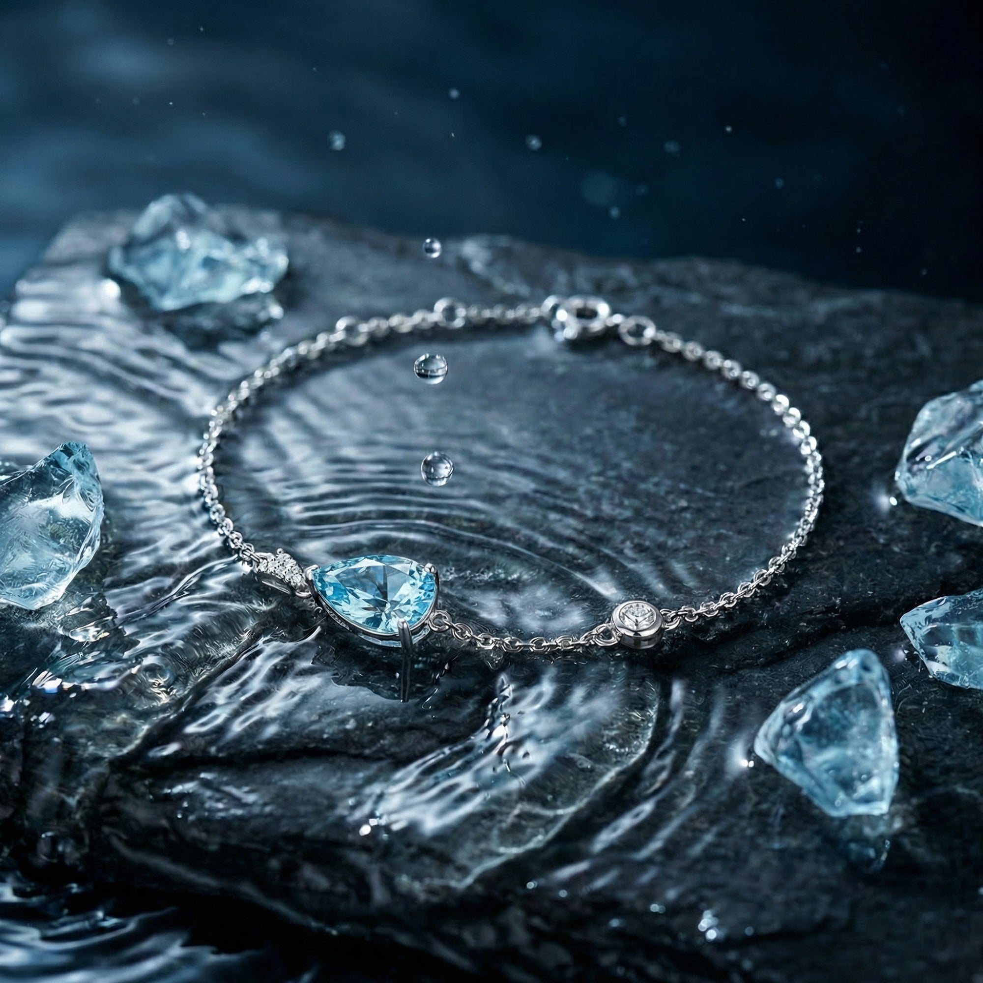 Macro view of a pear-cut aquamarine platinum bracelet on wet stone with splashing water ripples.