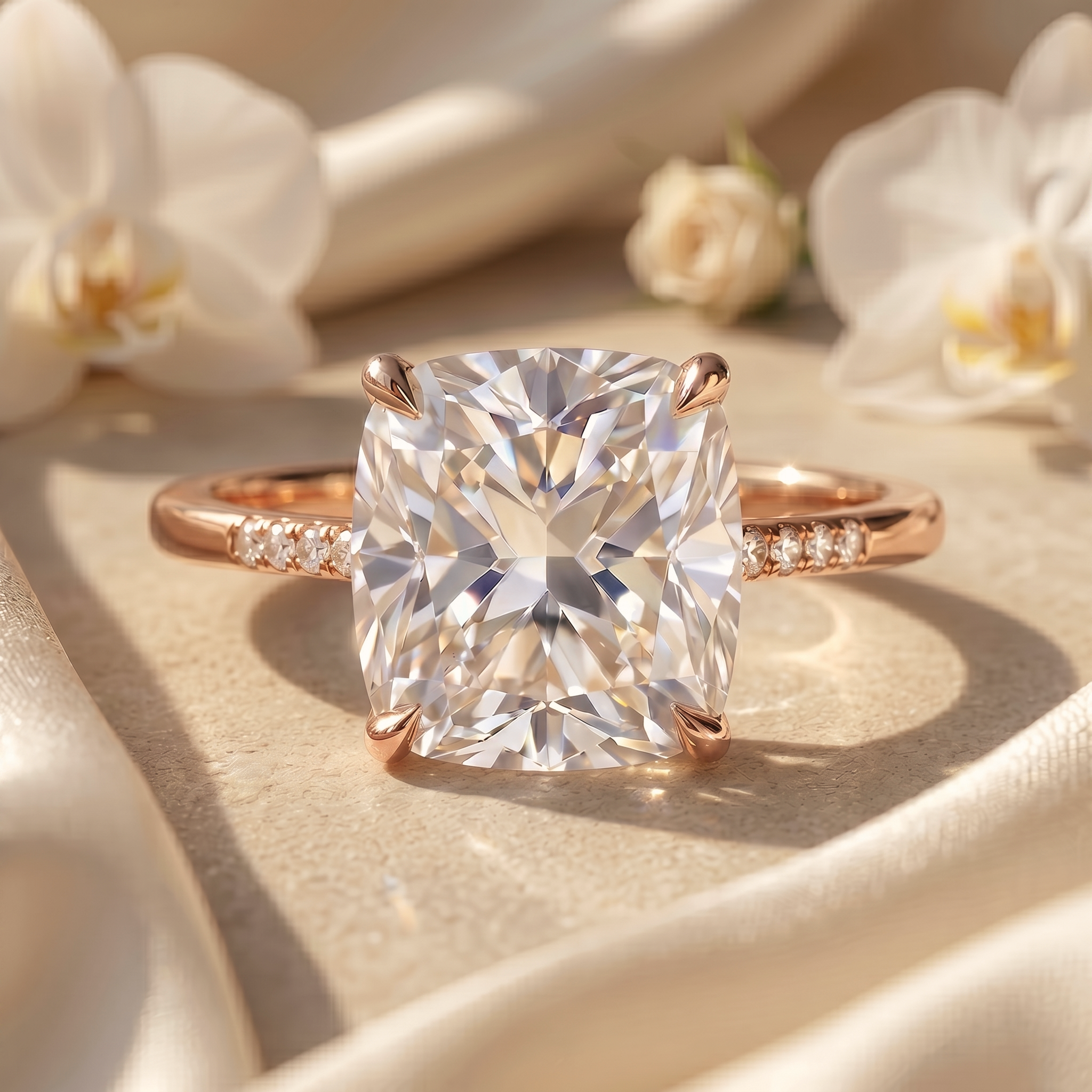 A cushion-cut moissanite engagement ring in a rose gold band with pave diamonds, displayed on silk fabric.