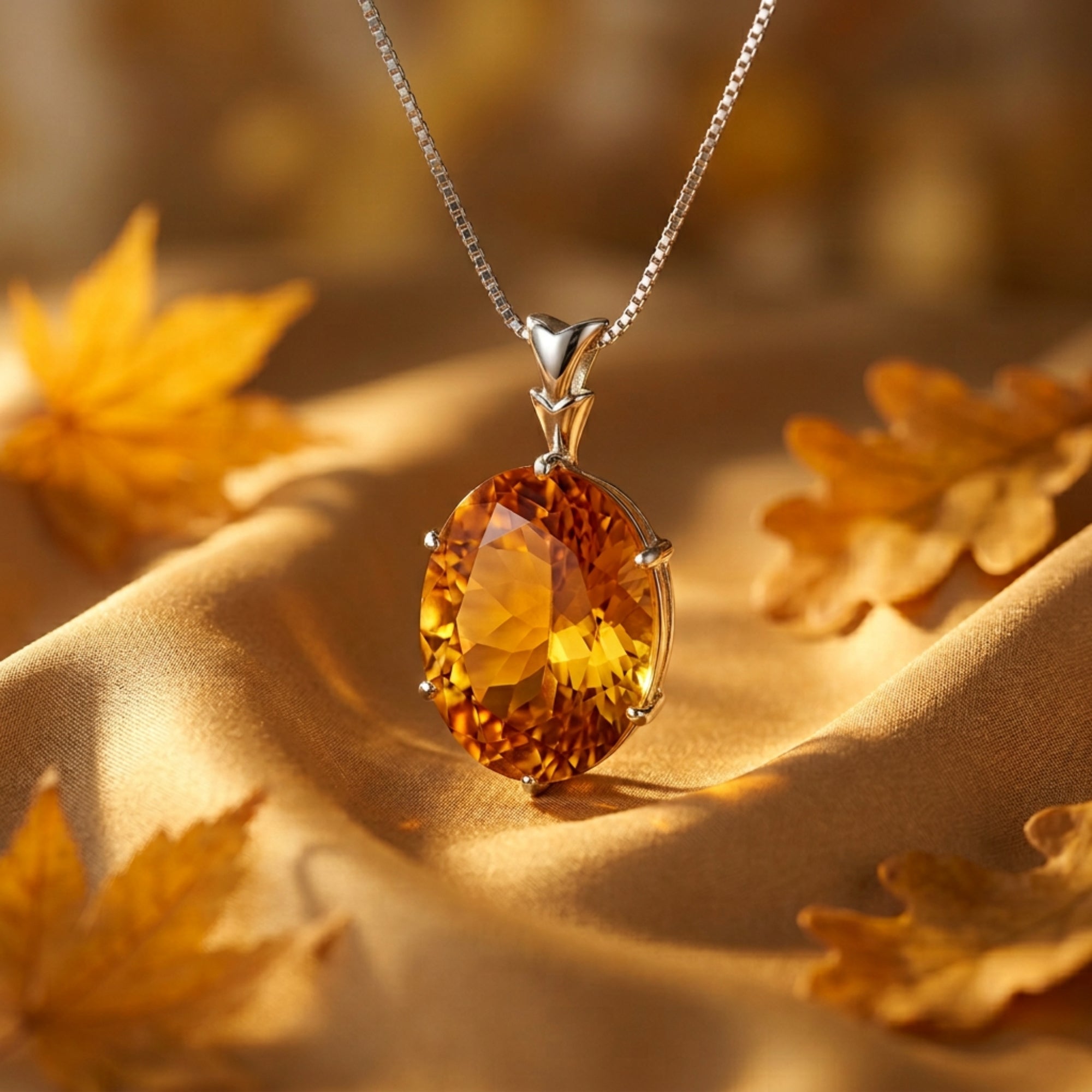 Macro view of the faceted oval natural citrine pendant in a silver setting, highlighting the stone's honeyed warmth.